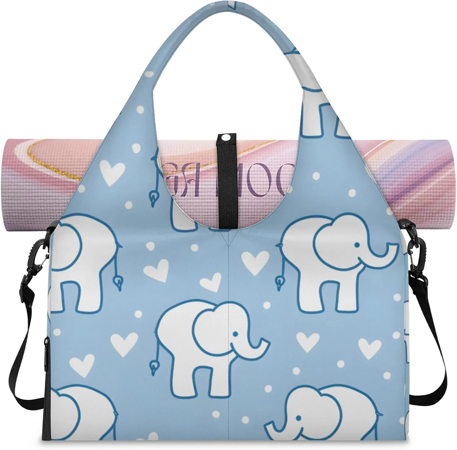 Gym Bag for Women Elephants Love Heart Duffel Bag with Shoe Compartment and Yoga Mat Holder Portable Weekender Bags Travel Tote Bags