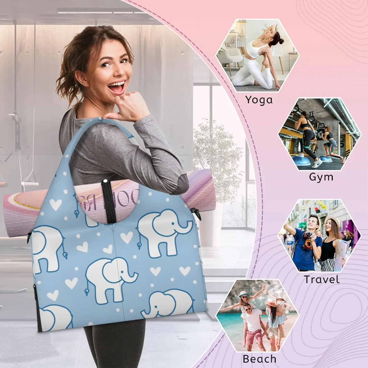 Gym Bag for Women Elephants Love Heart Duffel Bag with Shoe Compartment and Yoga Mat Holder Portable Weekender Bags Travel Tote Bags