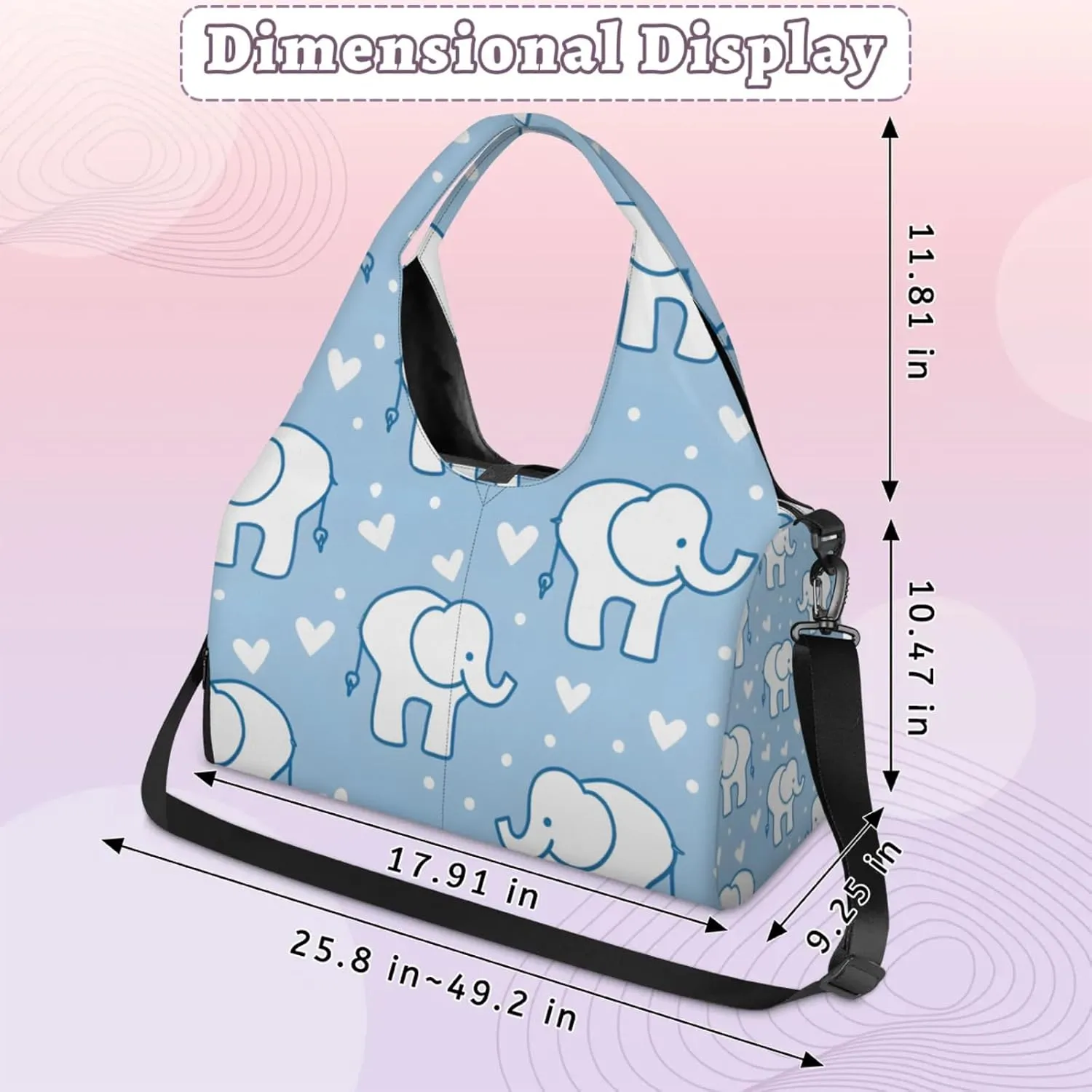 Gym Bag for Women Elephants Love Heart Duffel Bag with Shoe Compartment and Yoga Mat Holder Portable Weekender Bags Travel Tote Bags