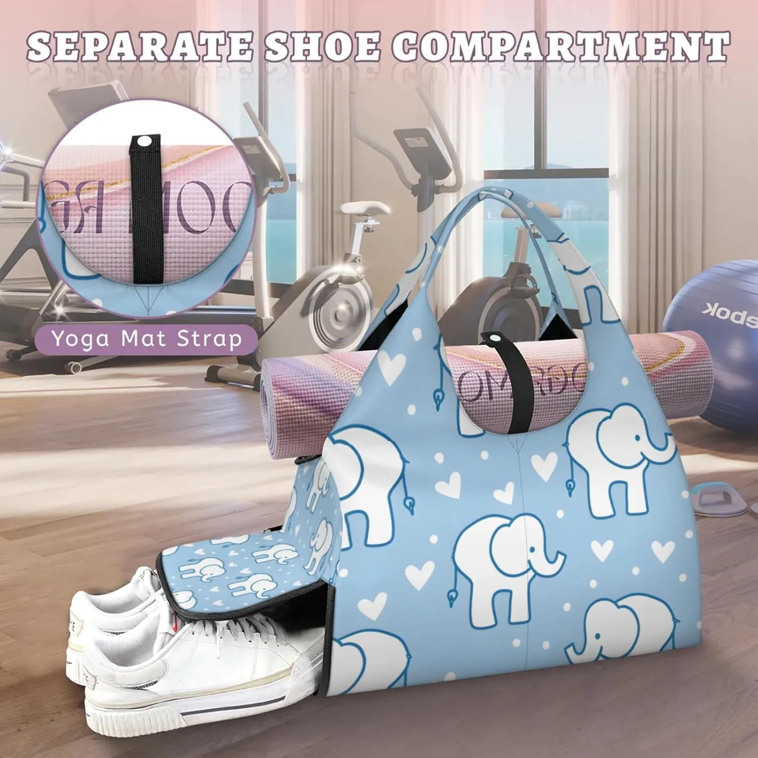 Gym Bag for Women Elephants Love Heart Duffel Bag with Shoe Compartment and Yoga Mat Holder Portable Weekender Bags Travel Tote Bags