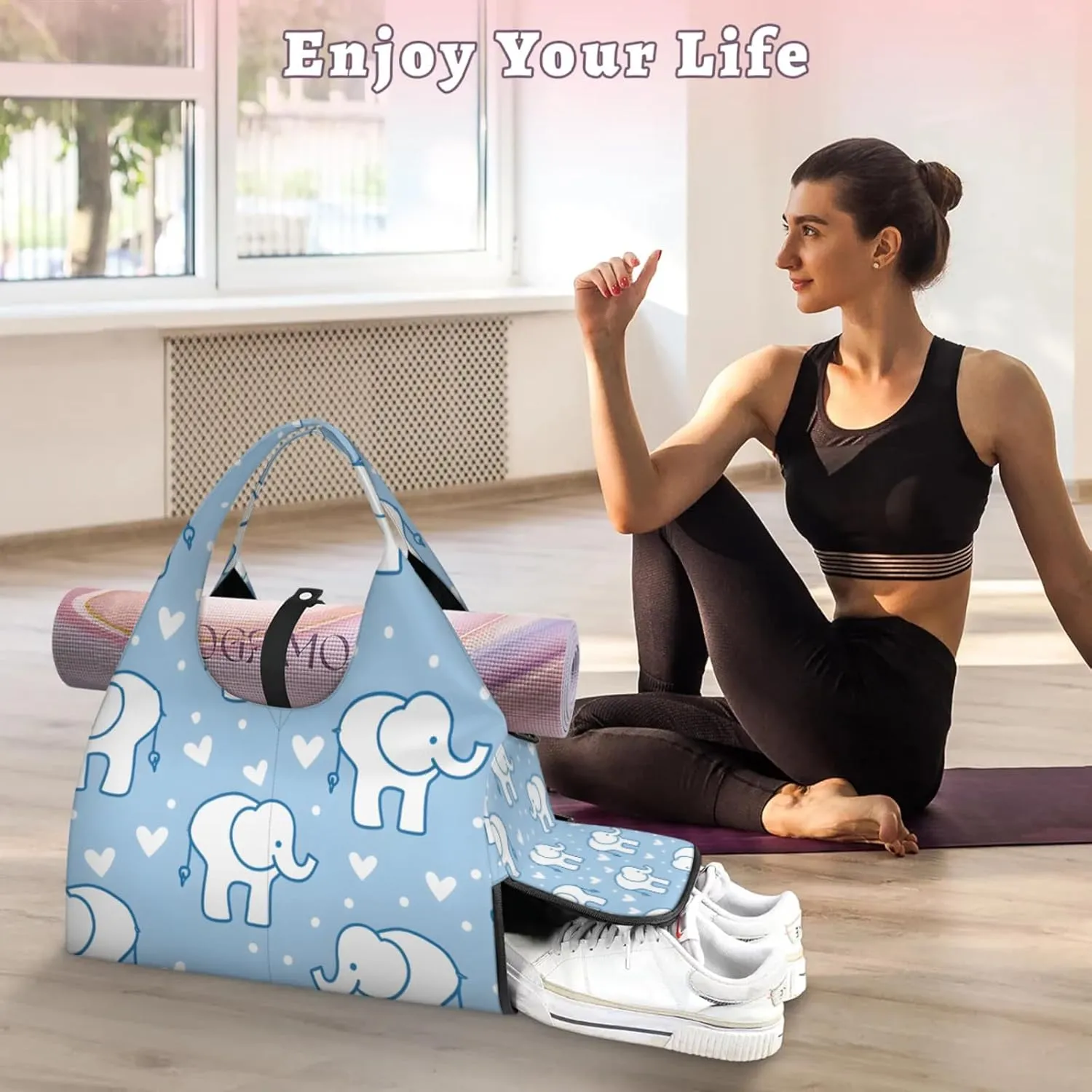 Gym Bag for Women Elephants Love Heart Duffel Bag with Shoe Compartment and Yoga Mat Holder Portable Weekender Bags Travel Tote Bags