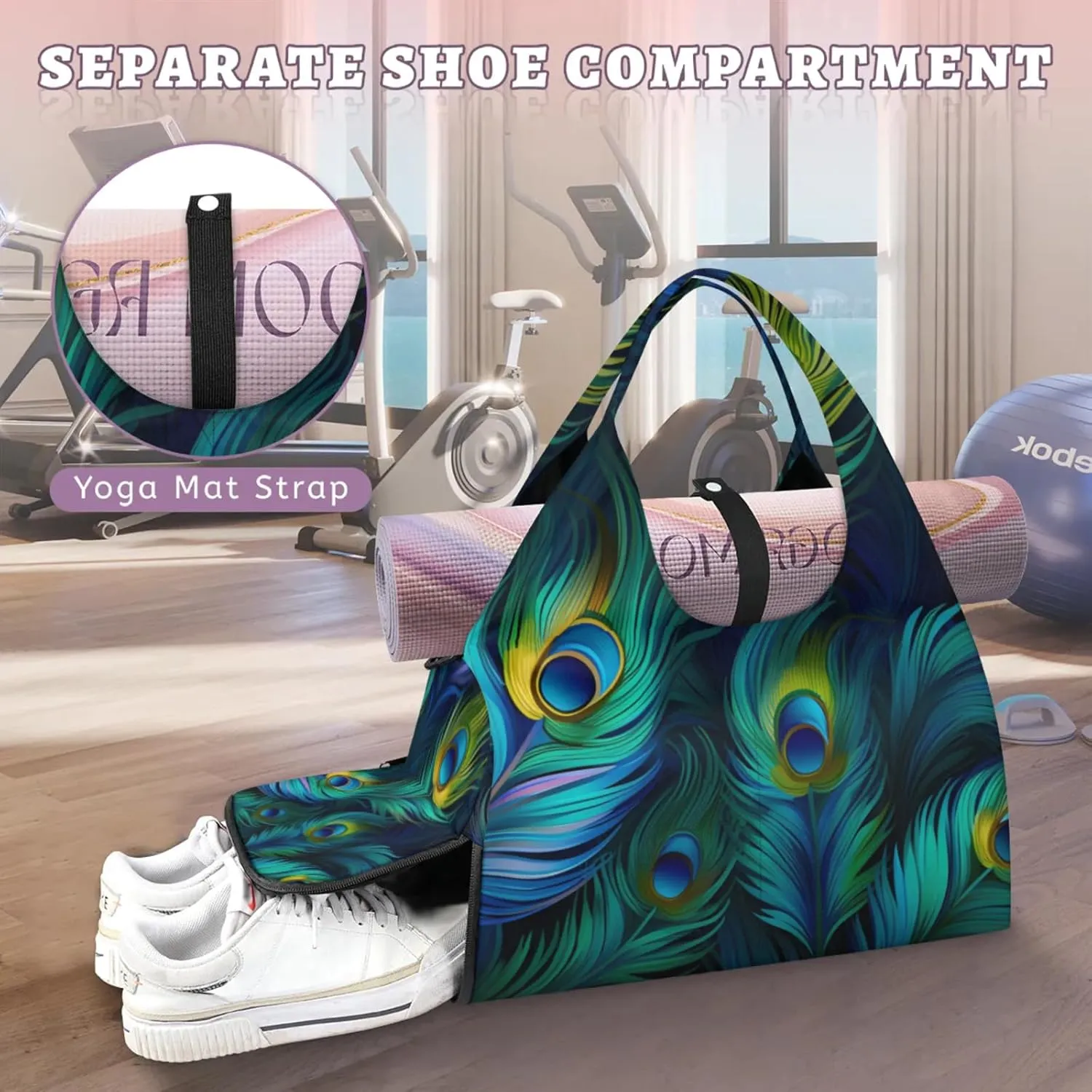 Gym Bag for Women Fairy Peacock Feathers Duffel Bag with Shoe Compartment and Yoga Mat Holder Portable Weekender Bags Travel Tote Bags