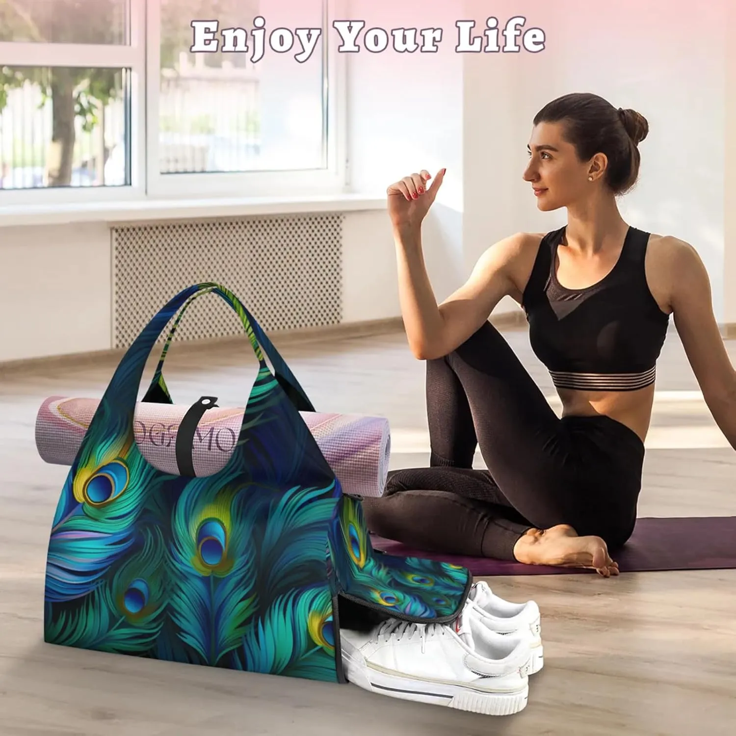 Gym Bag for Women Fairy Peacock Feathers Duffel Bag with Shoe Compartment and Yoga Mat Holder Portable Weekender Bags Travel Tote Bags