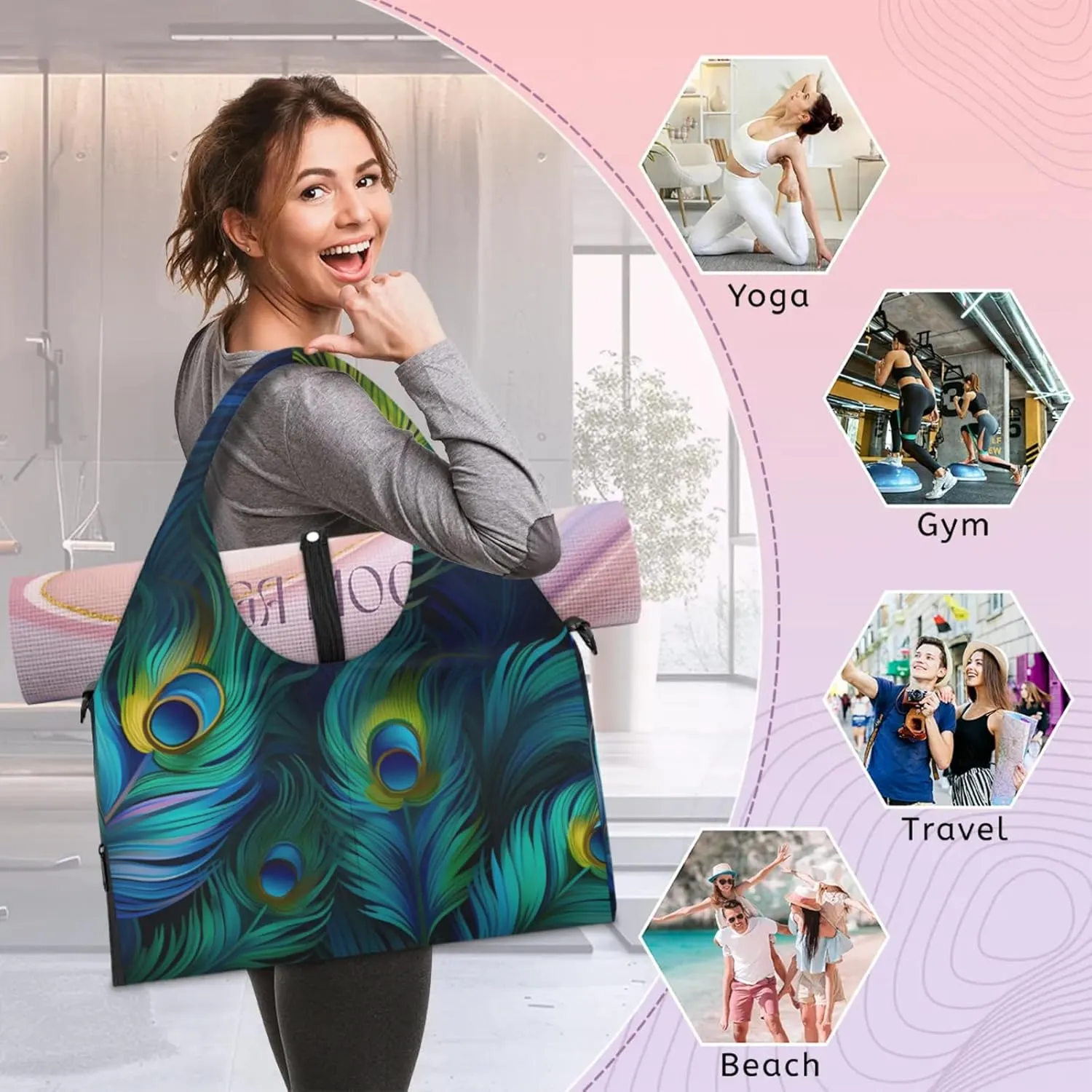 Gym Bag for Women Fairy Peacock Feathers Duffel Bag with Shoe Compartment and Yoga Mat Holder Portable Weekender Bags Travel Tote Bags