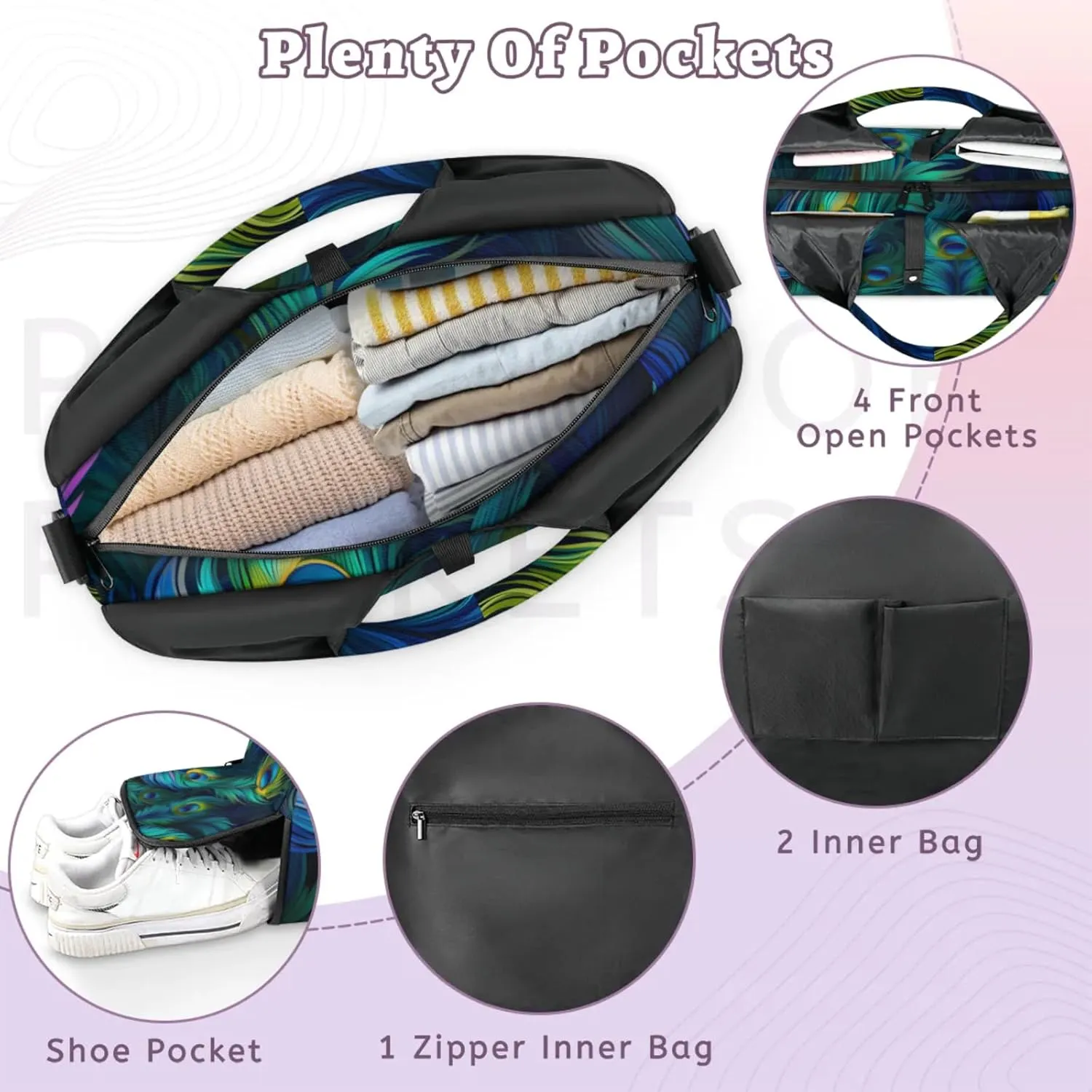 Gym Bag for Women Fairy Peacock Feathers Duffel Bag with Shoe Compartment and Yoga Mat Holder Portable Weekender Bags Travel Tote Bags