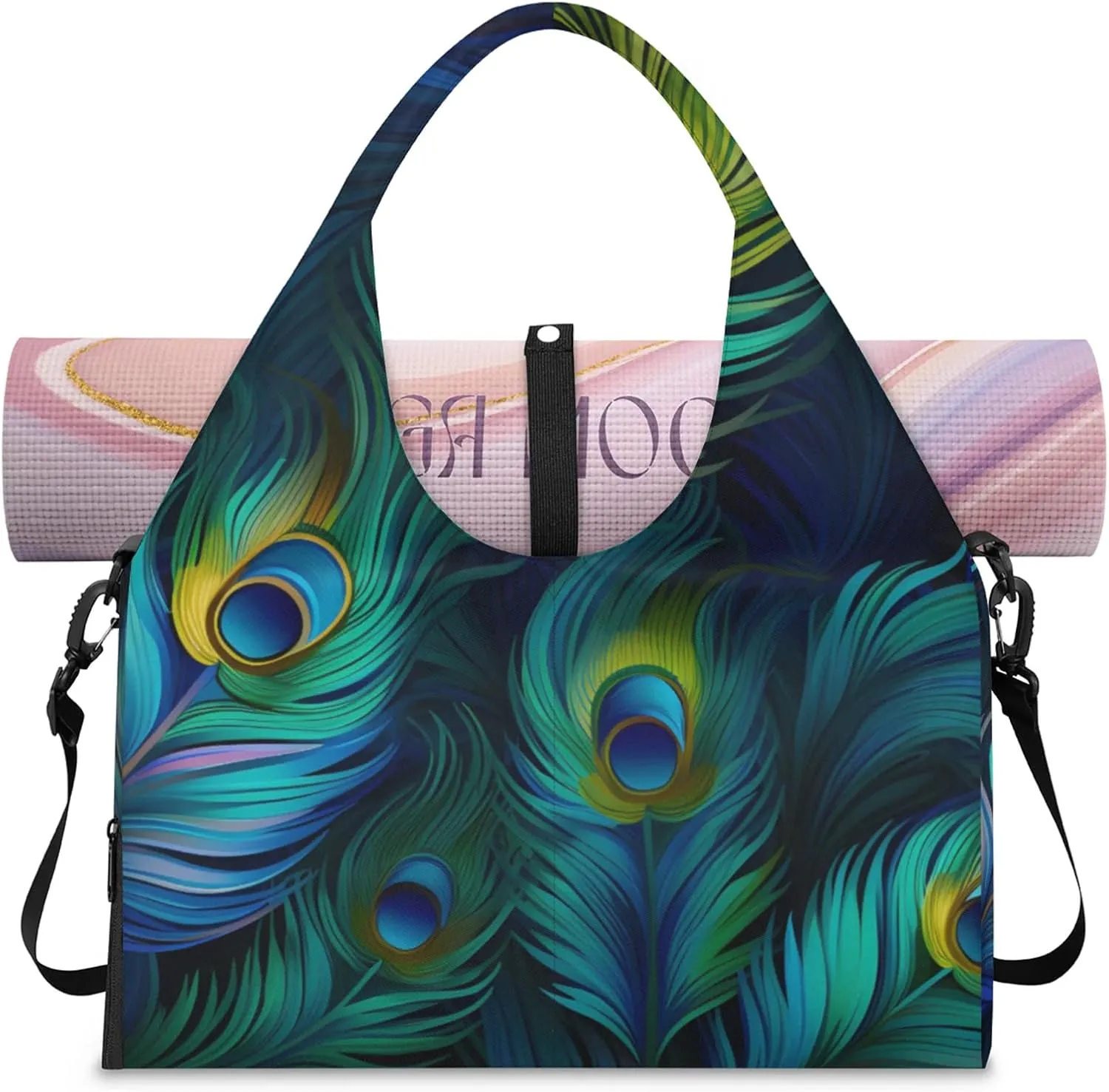 Gym Bag for Women Fairy Peacock Feathers Duffel Bag with Shoe Compartment and Yoga Mat Holder Portable Weekender Bags Travel Tote Bags