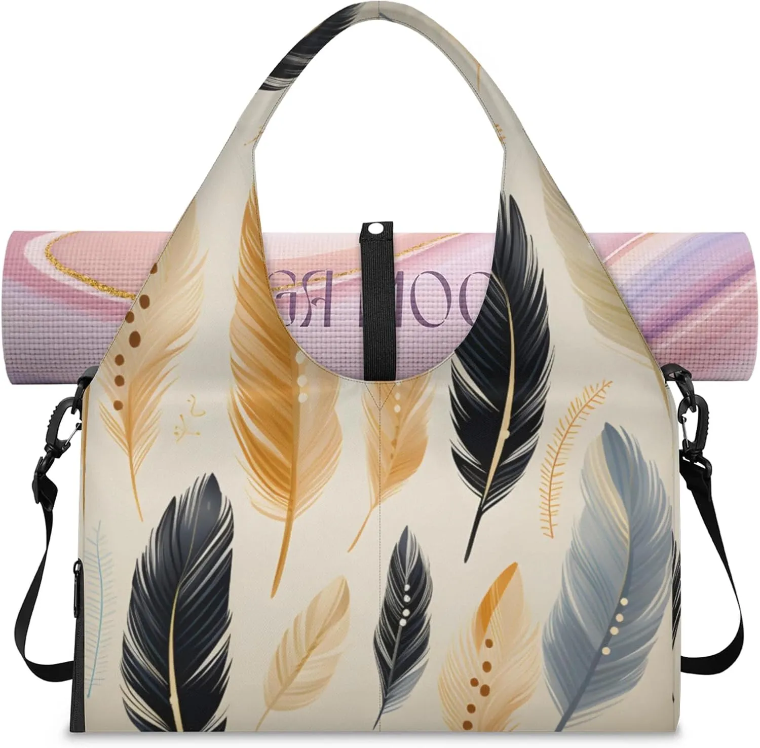 Gym Bag for Women Feather Duffel Bag with Shoe Compartment and Yoga Mat Holder Portable Weekender Bags Travel Tote Bags