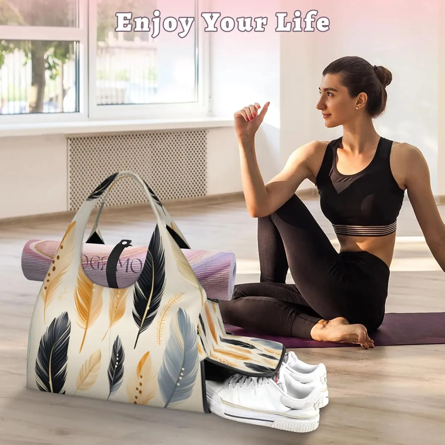 Gym Bag for Women Feather Duffel Bag with Shoe Compartment and Yoga Mat Holder Portable Weekender Bags Travel Tote Bags