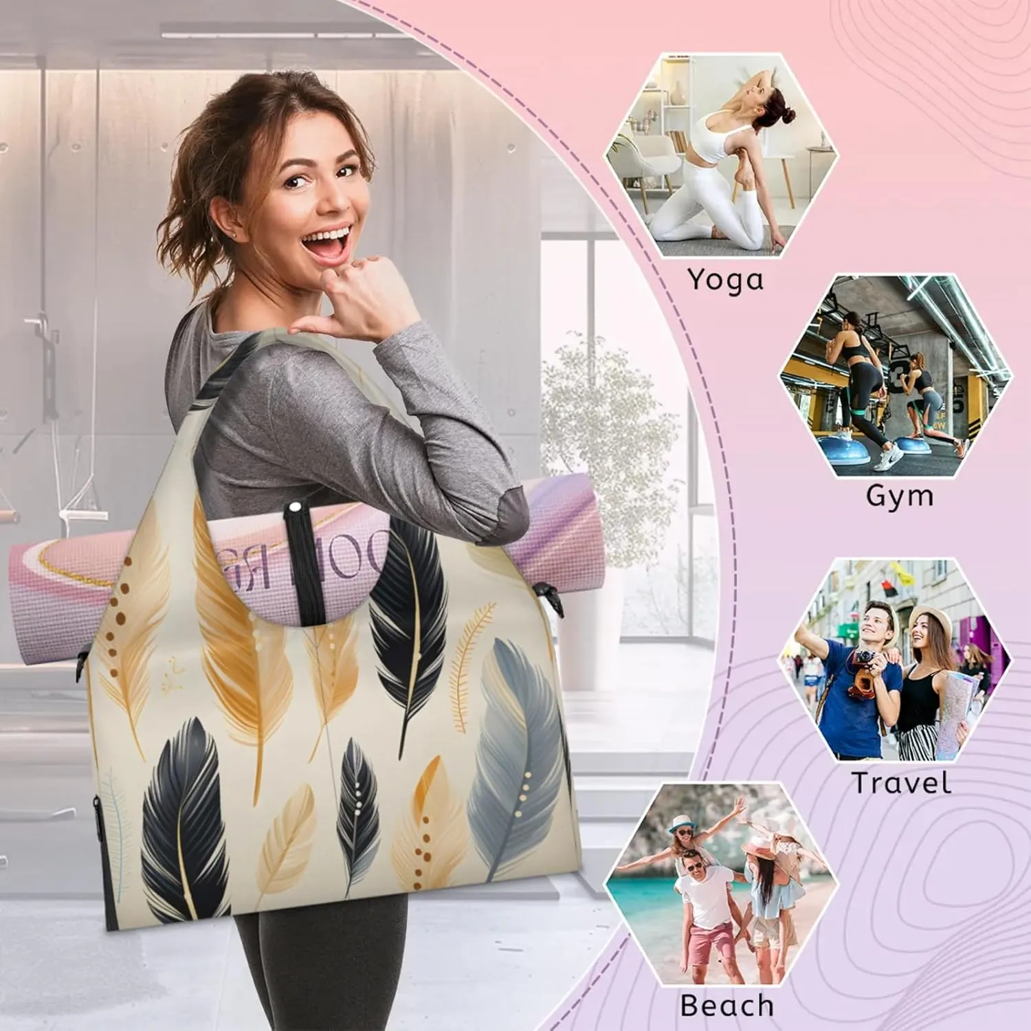 Gym Bag for Women Feather Duffel Bag with Shoe Compartment and Yoga Mat Holder Portable Weekender Bags Travel Tote Bags