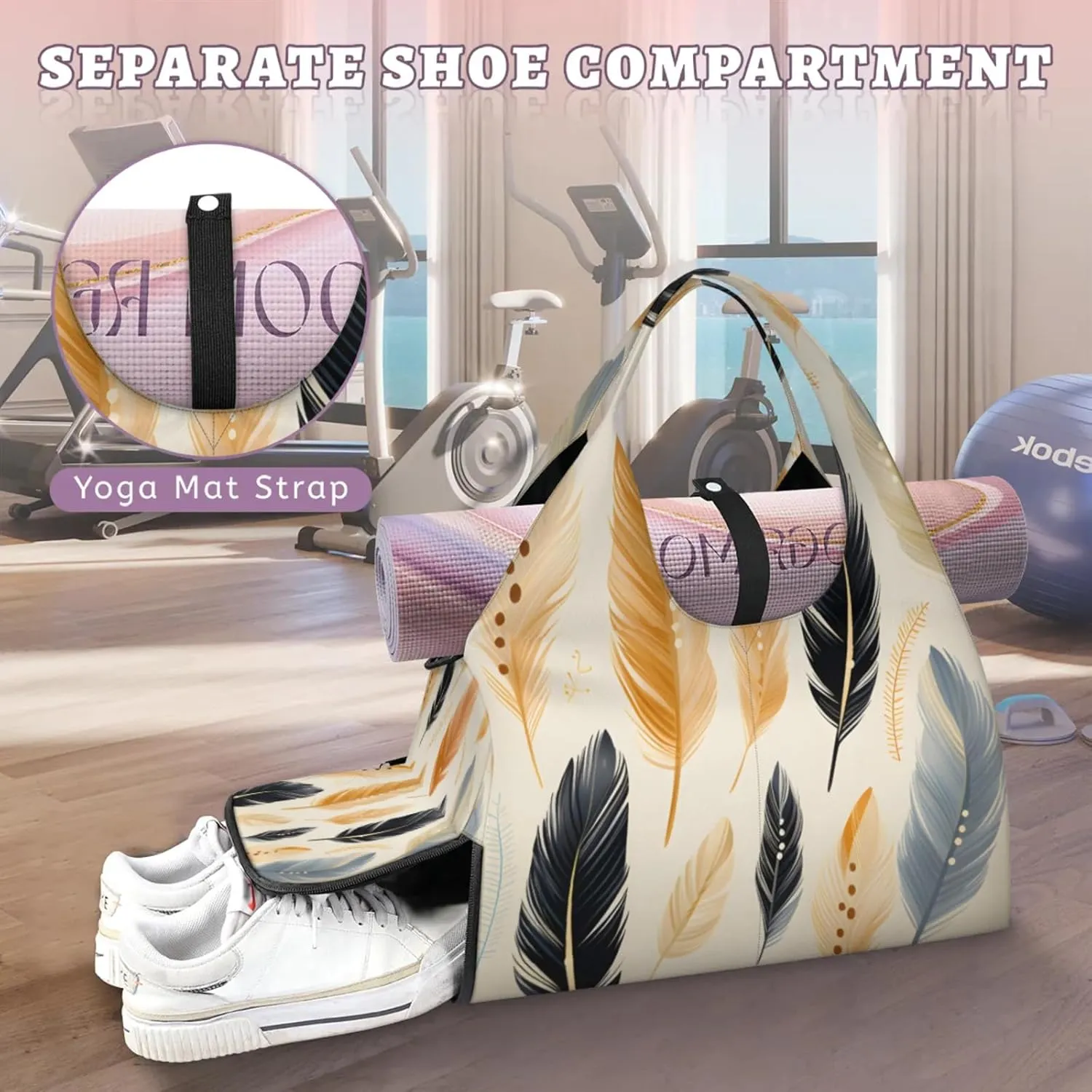 Gym Bag for Women Feather Duffel Bag with Shoe Compartment and Yoga Mat Holder Portable Weekender Bags Travel Tote Bags