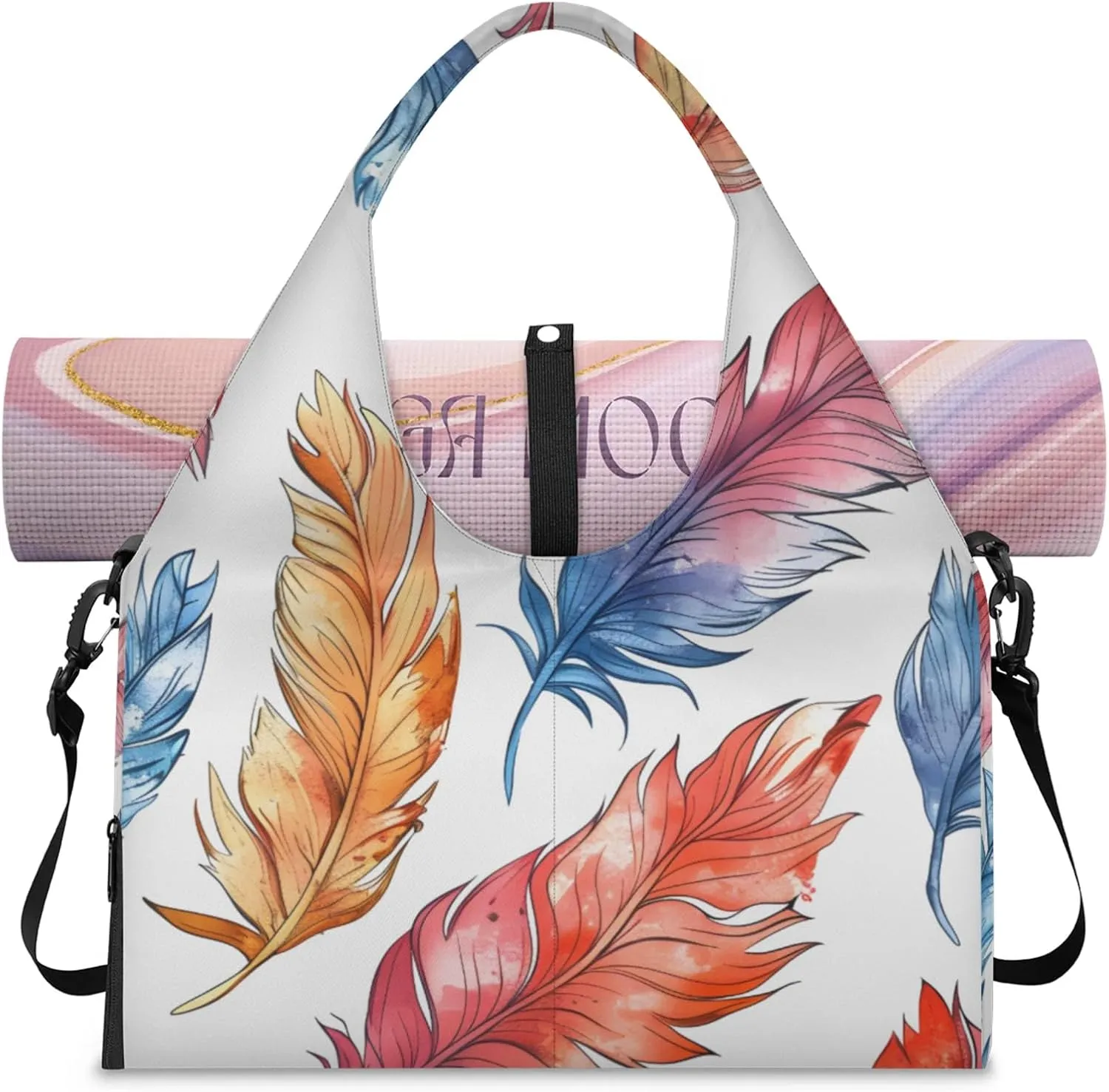 Gym Bag for Women Feathers Watercolor Duffel Bag with Shoe Compartment and Yoga Mat Holder Portable Weekender Bags Travel Tote Bags