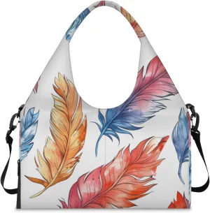 Gym Bag for Women Feathers Watercolor Duffel Bag with Shoe Compartment and Yoga Mat Holder Portable Weekender Bags Travel Tote Bags