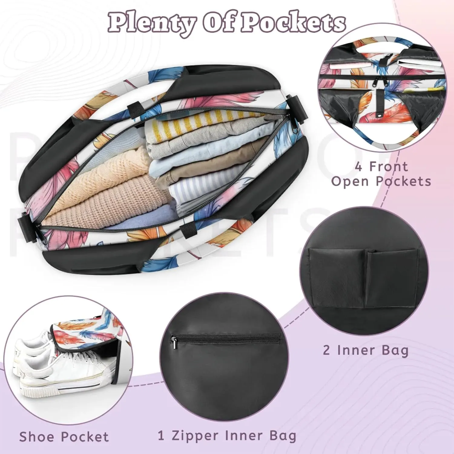 Gym Bag for Women Feathers Watercolor Duffel Bag with Shoe Compartment and Yoga Mat Holder Portable Weekender Bags Travel Tote Bags