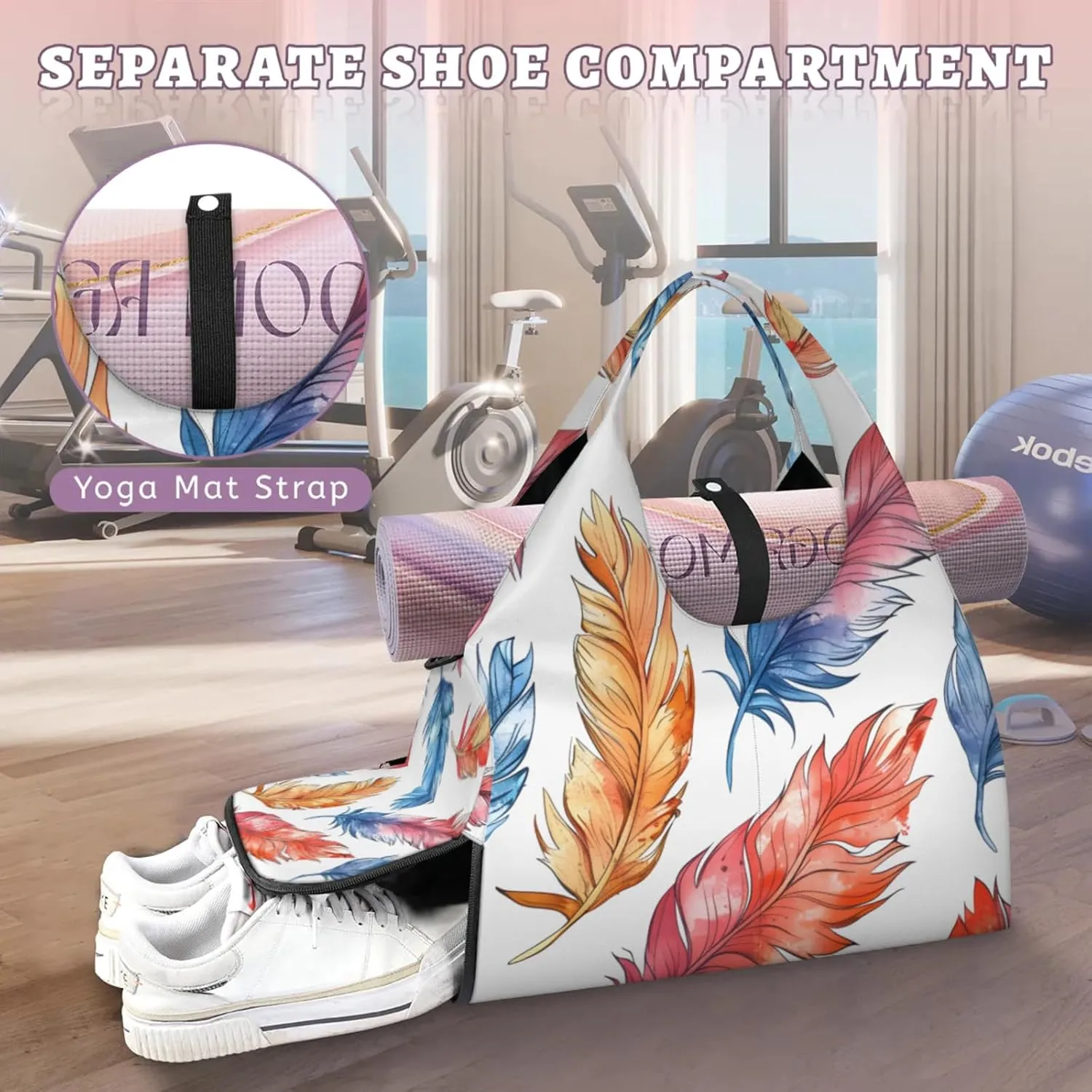 Gym Bag for Women Feathers Watercolor Duffel Bag with Shoe Compartment and Yoga Mat Holder Portable Weekender Bags Travel Tote Bags