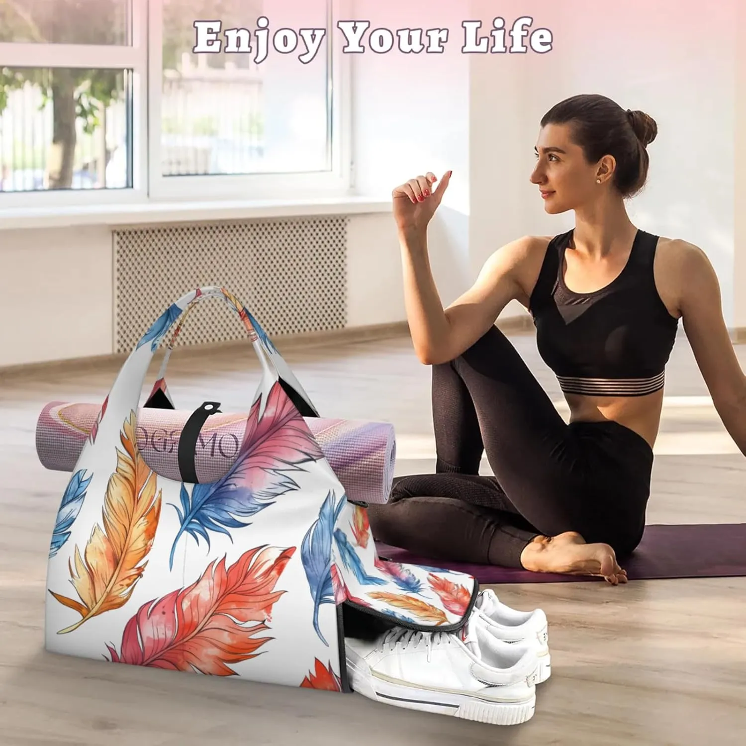 Gym Bag for Women Feathers Watercolor Duffel Bag with Shoe Compartment and Yoga Mat Holder Portable Weekender Bags Travel Tote Bags