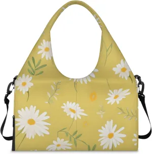 Gym Bag for Women Floral Daisy Bloom Duffel Bag with Shoe Compartment and Yoga Mat Holder Portable Weekender Bags Travel Tote Bags