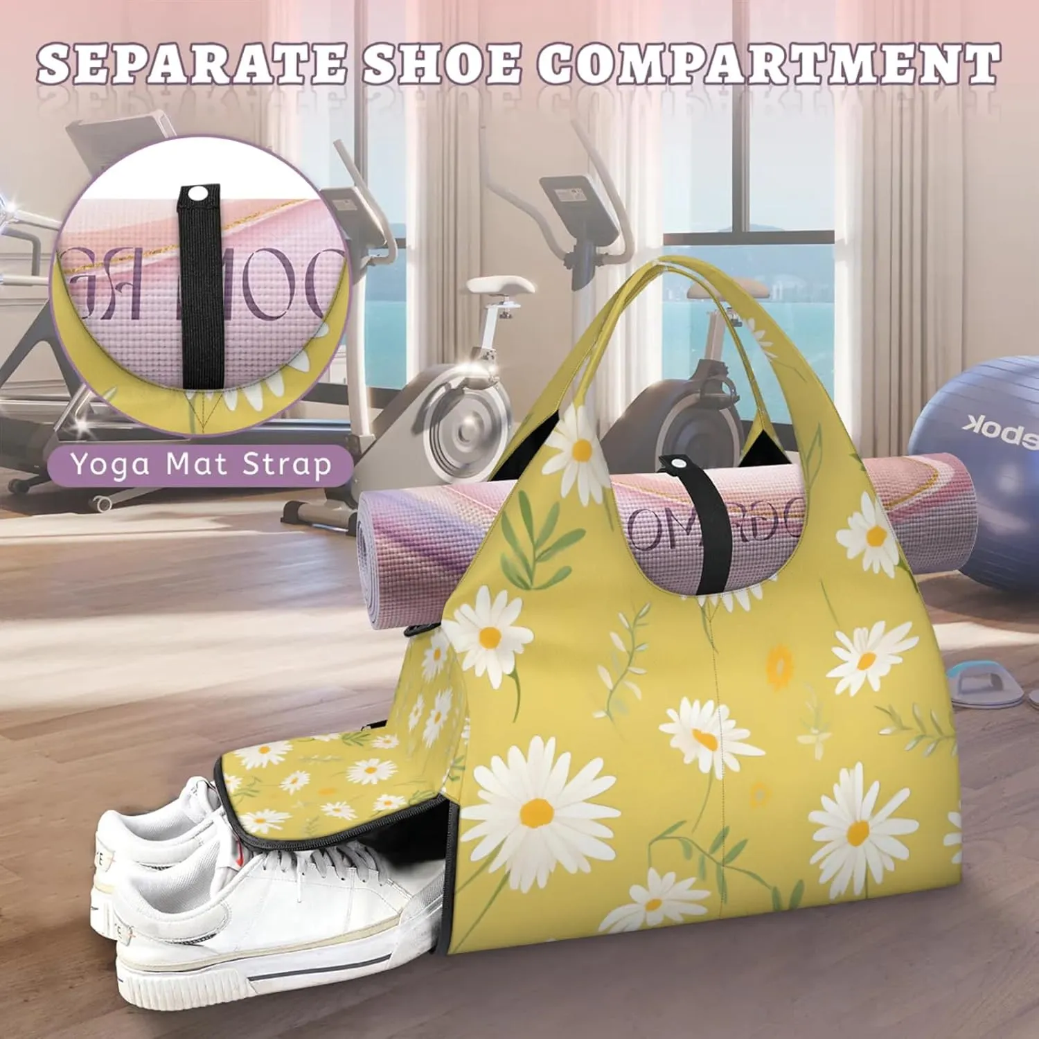 Gym Bag for Women Floral Daisy Bloom Duffel Bag with Shoe Compartment and Yoga Mat Holder Portable Weekender Bags Travel Tote Bags