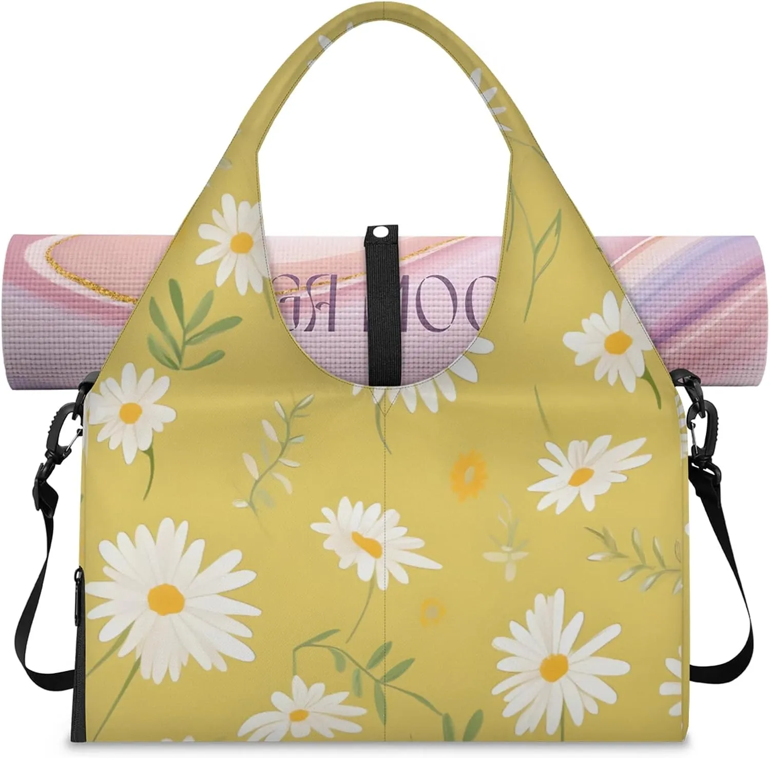 Gym Bag for Women Floral Daisy Bloom Duffel Bag with Shoe Compartment and Yoga Mat Holder Portable Weekender Bags Travel Tote Bags