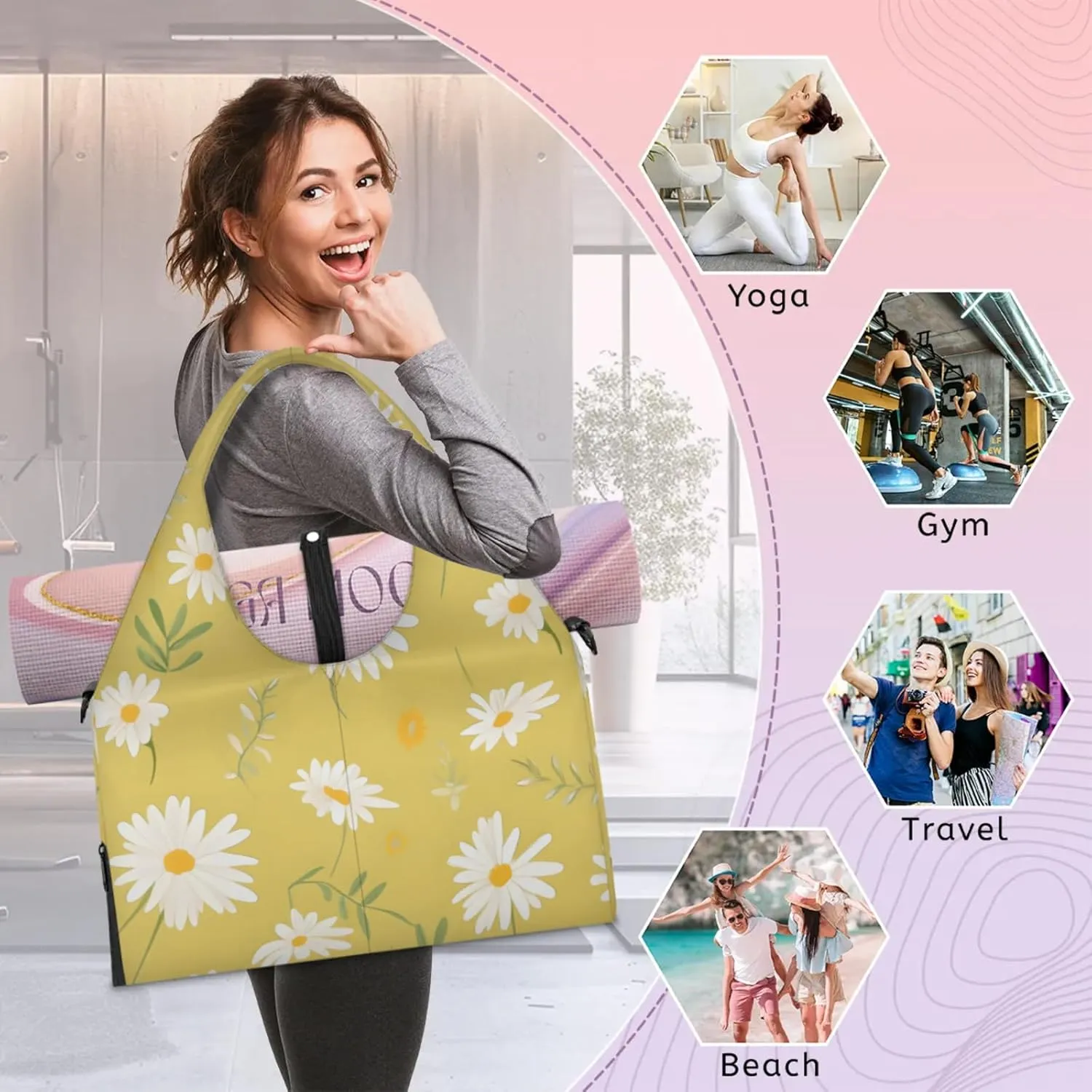 Gym Bag for Women Floral Daisy Bloom Duffel Bag with Shoe Compartment and Yoga Mat Holder Portable Weekender Bags Travel Tote Bags