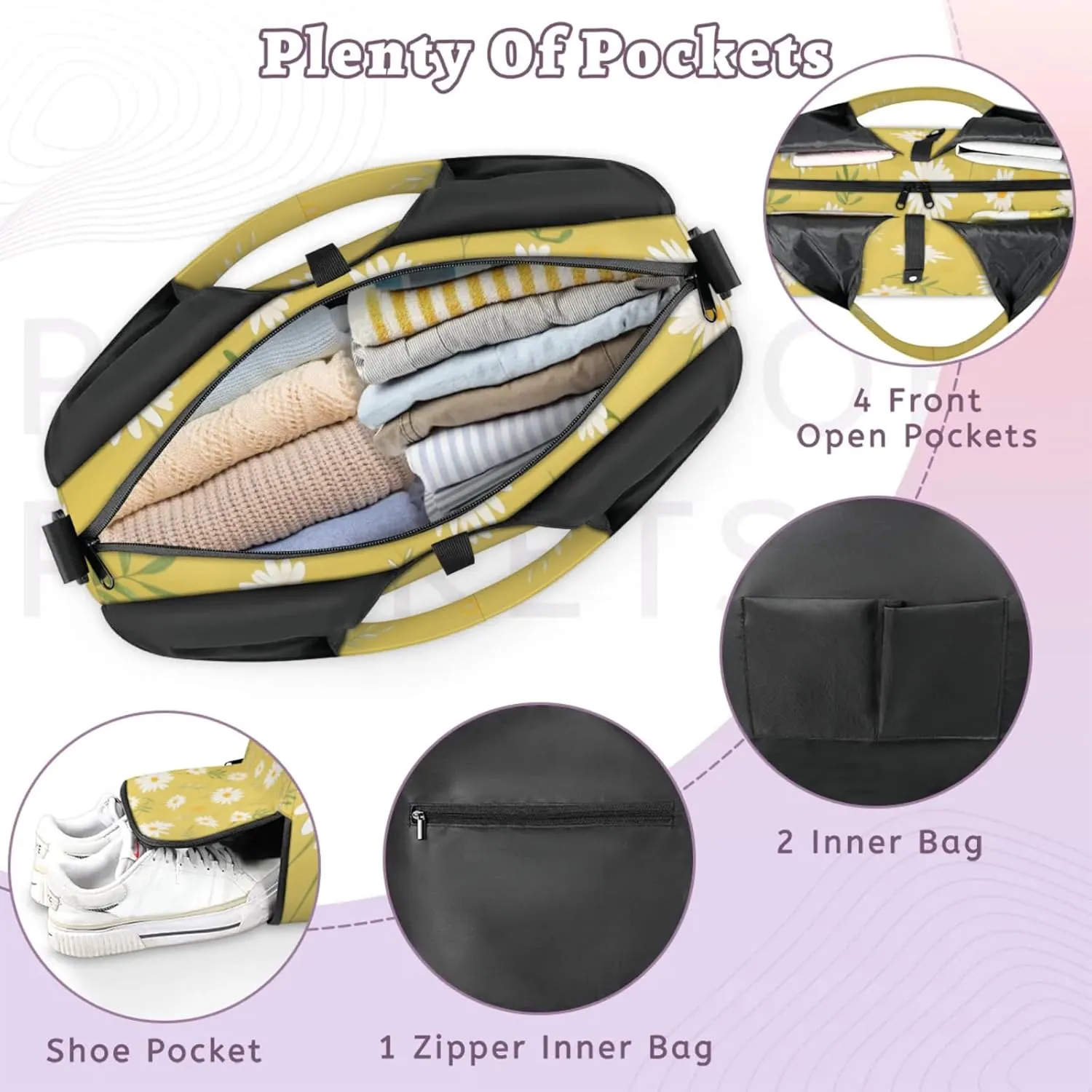 Gym Bag for Women Floral Daisy Bloom Duffel Bag with Shoe Compartment and Yoga Mat Holder Portable Weekender Bags Travel Tote Bags