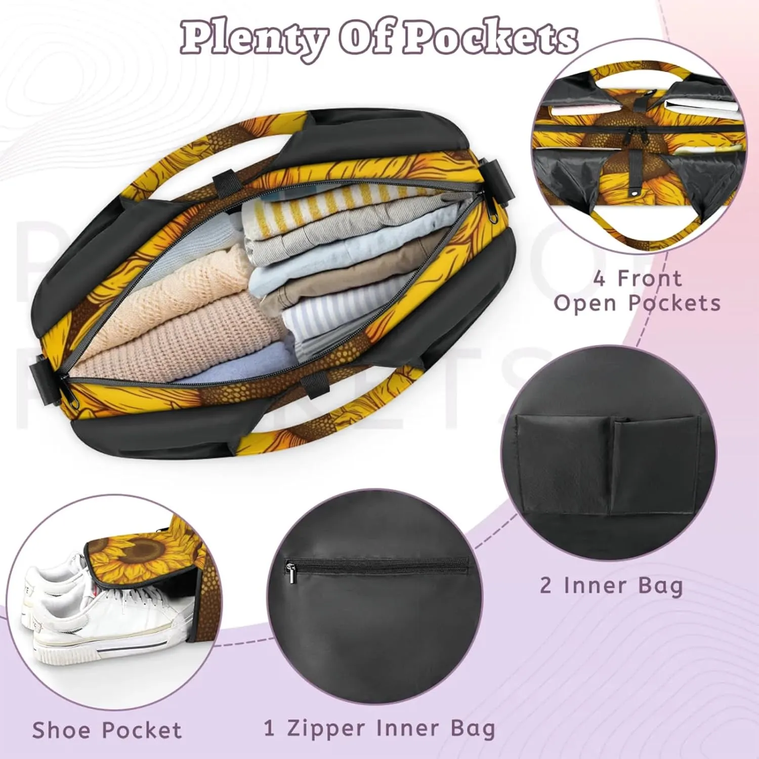 Gym Bag for Women Floral Sunflowers Duffel Bag with Shoe Compartment and Yoga Mat Holder Portable Weekender Bags Travel Tote Bags