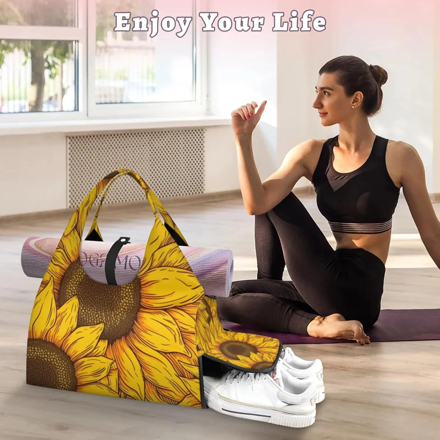 Gym Bag for Women Floral Sunflowers Duffel Bag with Shoe Compartment and Yoga Mat Holder Portable Weekender Bags Travel Tote Bags