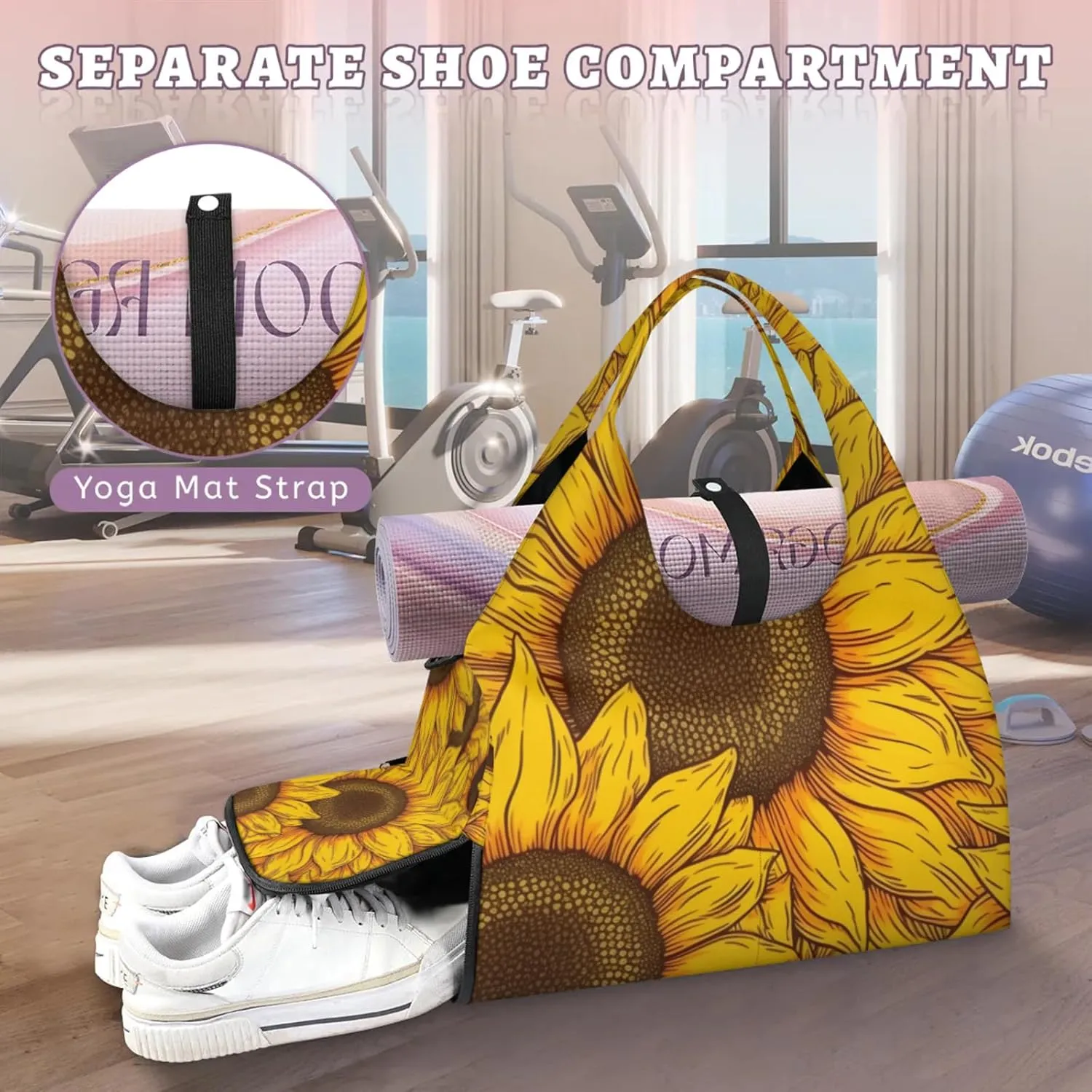 Gym Bag for Women Floral Sunflowers Duffel Bag with Shoe Compartment and Yoga Mat Holder Portable Weekender Bags Travel Tote Bags