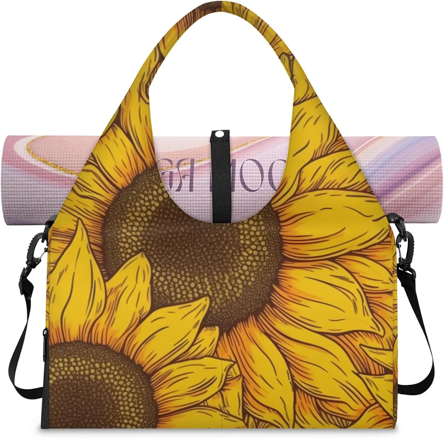 Gym Bag for Women Floral Sunflowers Duffel Bag with Shoe Compartment and Yoga Mat Holder Portable Weekender Bags Travel Tote Bags
