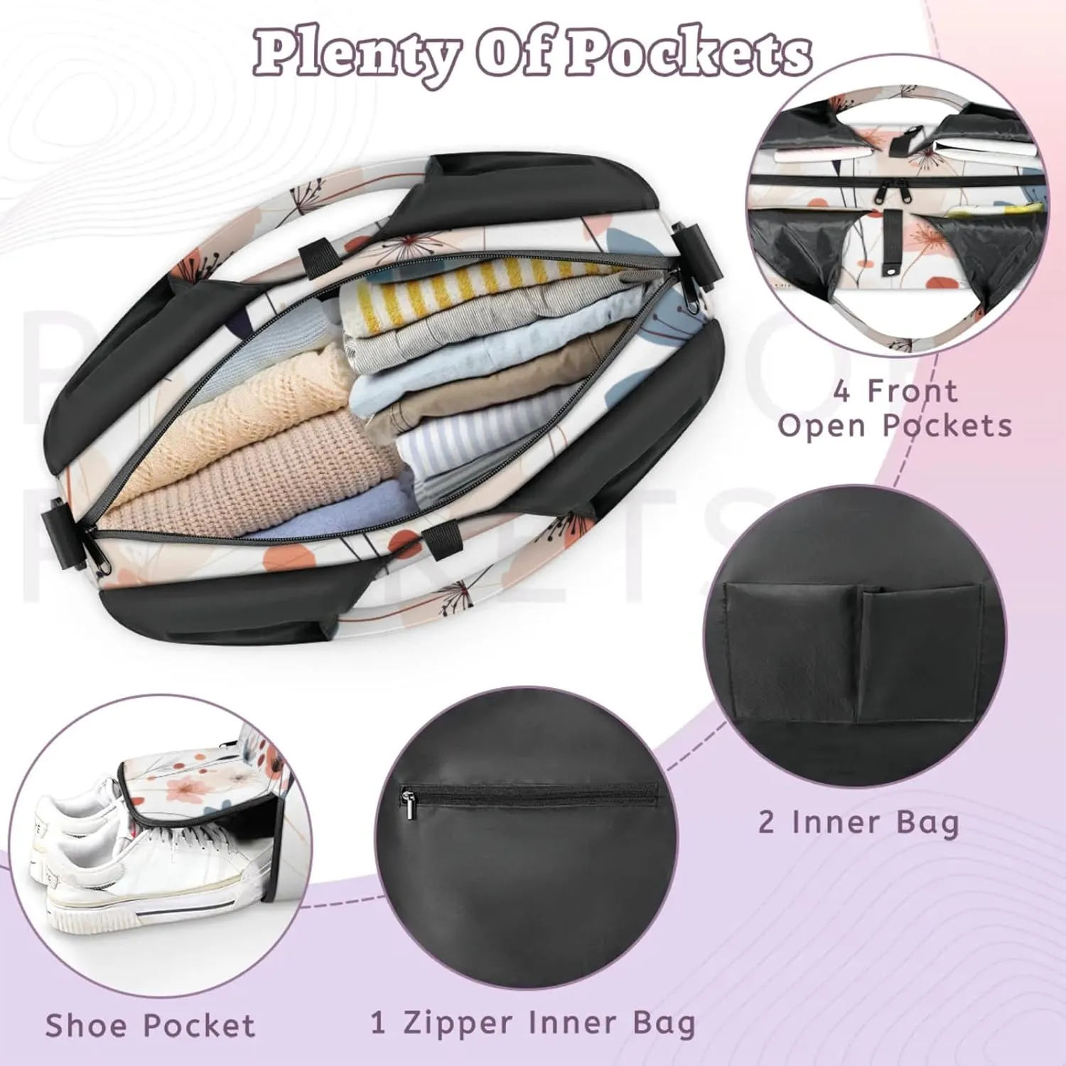 Gym Bag for Women Flower Floral Pattern Duffel Bag with Shoe Compartment and Yoga Mat Holder Portable Weekender Bags Travel Tote Bags