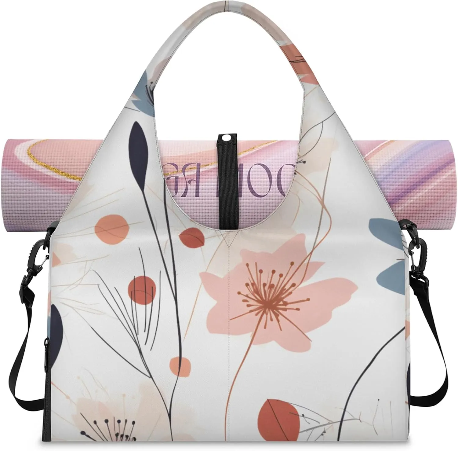Gym Bag for Women Flower Floral Pattern Duffel Bag with Shoe Compartment and Yoga Mat Holder Portable Weekender Bags Travel Tote Bags