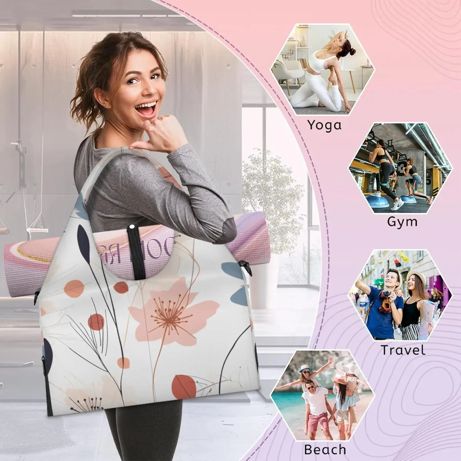 Gym Bag for Women Flower Floral Pattern Duffel Bag with Shoe Compartment and Yoga Mat Holder Portable Weekender Bags Travel Tote Bags