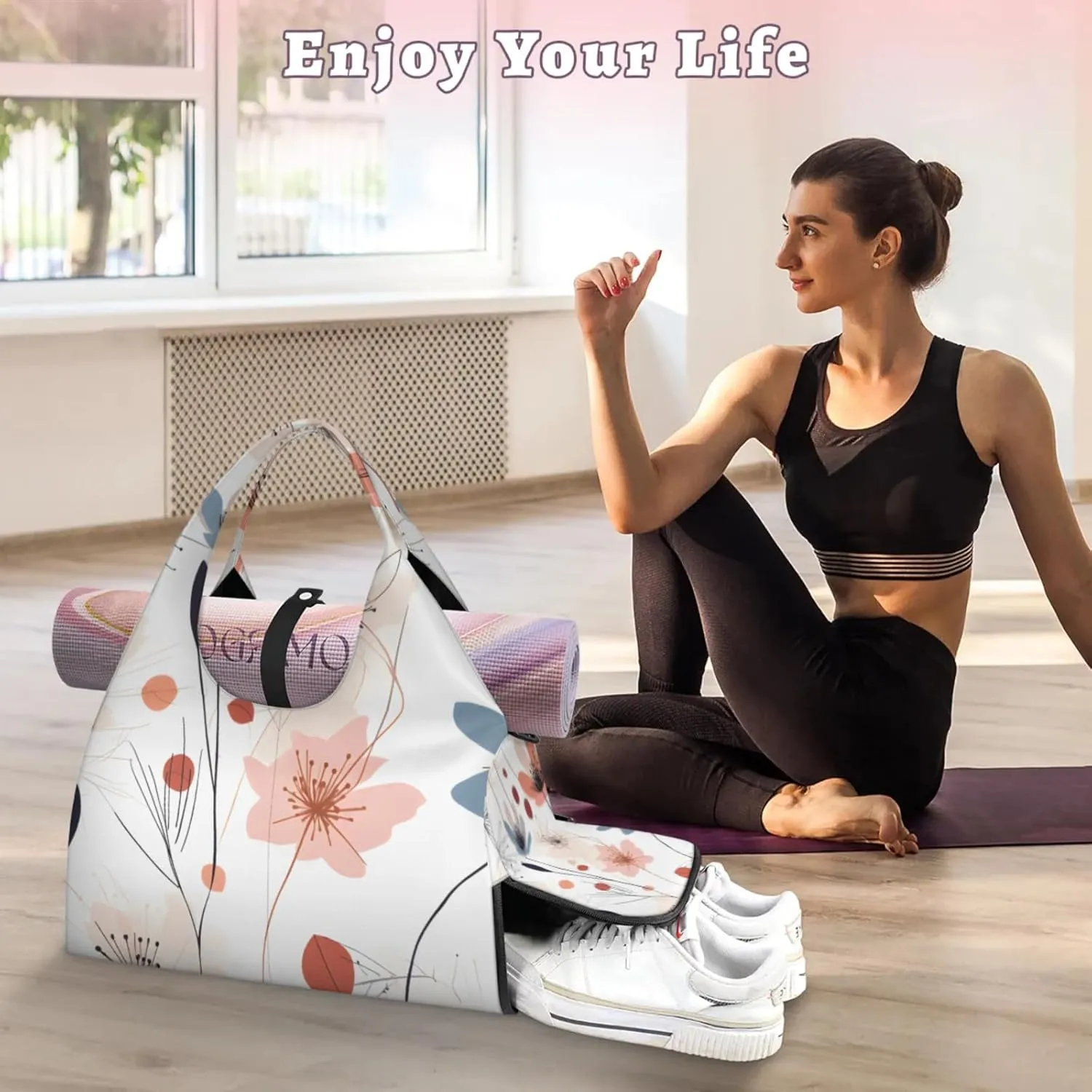 Gym Bag for Women Flower Floral Pattern Duffel Bag with Shoe Compartment and Yoga Mat Holder Portable Weekender Bags Travel Tote Bags