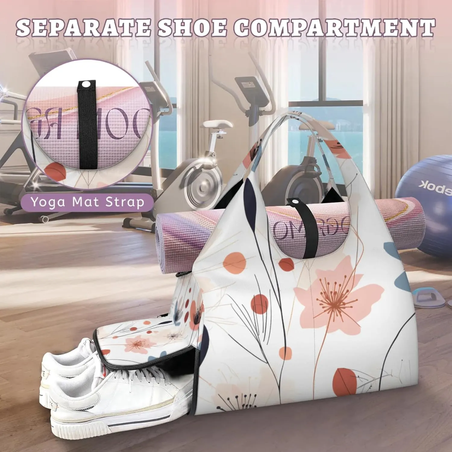 Gym Bag for Women Flower Floral Pattern Duffel Bag with Shoe Compartment and Yoga Mat Holder Portable Weekender Bags Travel Tote Bags