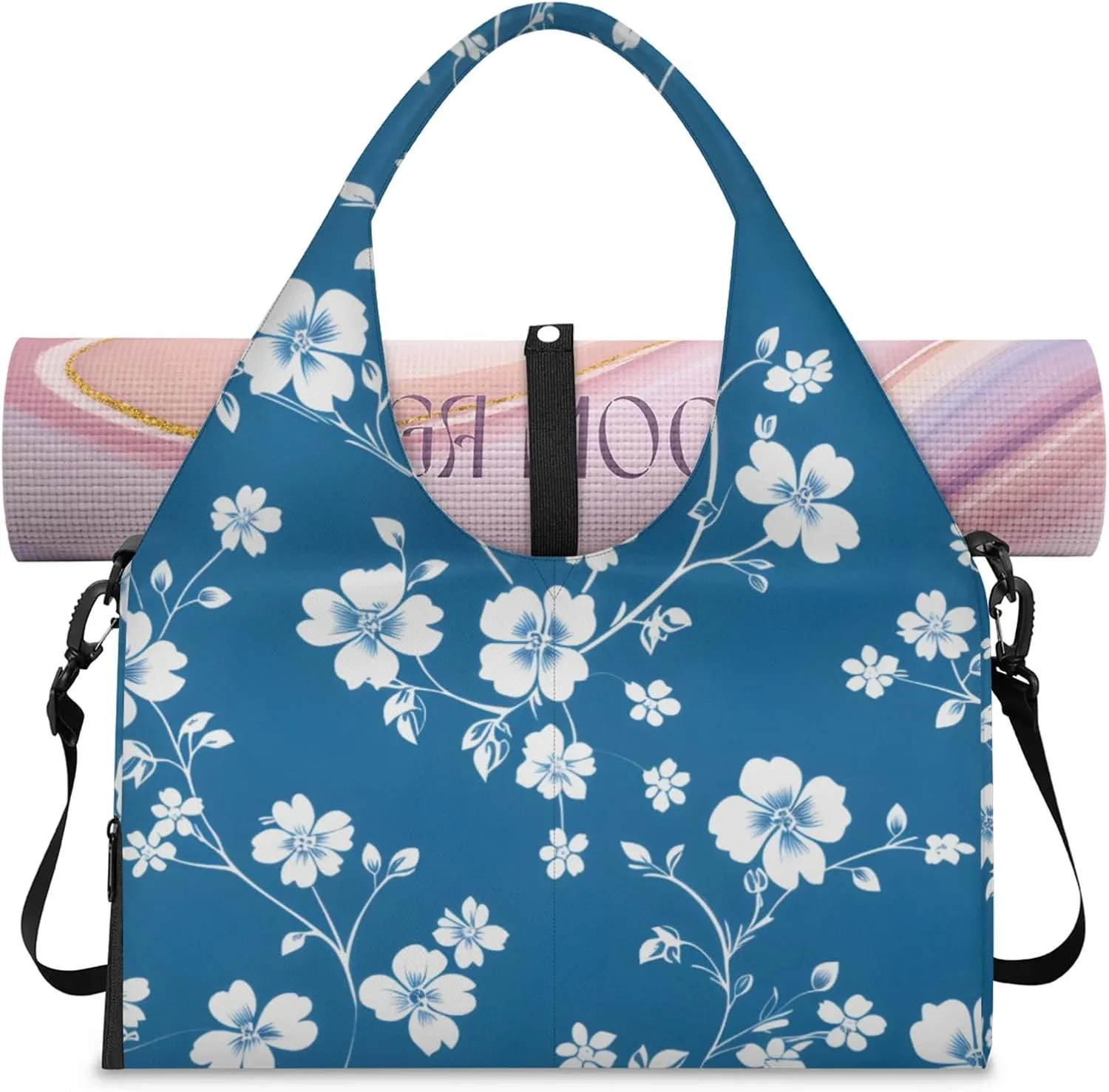 Gym Bag for Women Flower Floral Print Duffel Bag with Shoe Compartment and Yoga Mat Holder Portable Weekender Bags Travel Tote Bags