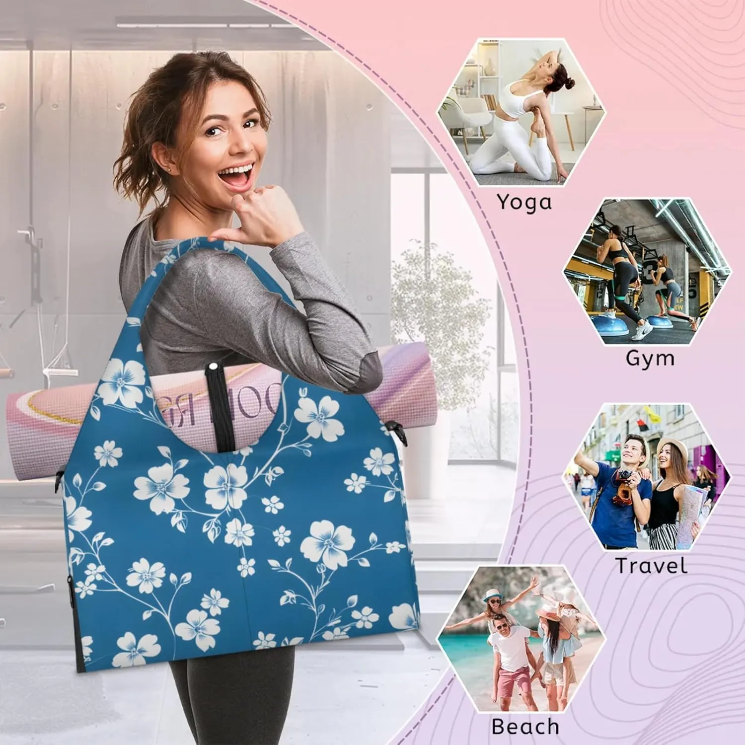 Gym Bag for Women Flower Floral Print Duffel Bag with Shoe Compartment and Yoga Mat Holder Portable Weekender Bags Travel Tote Bags