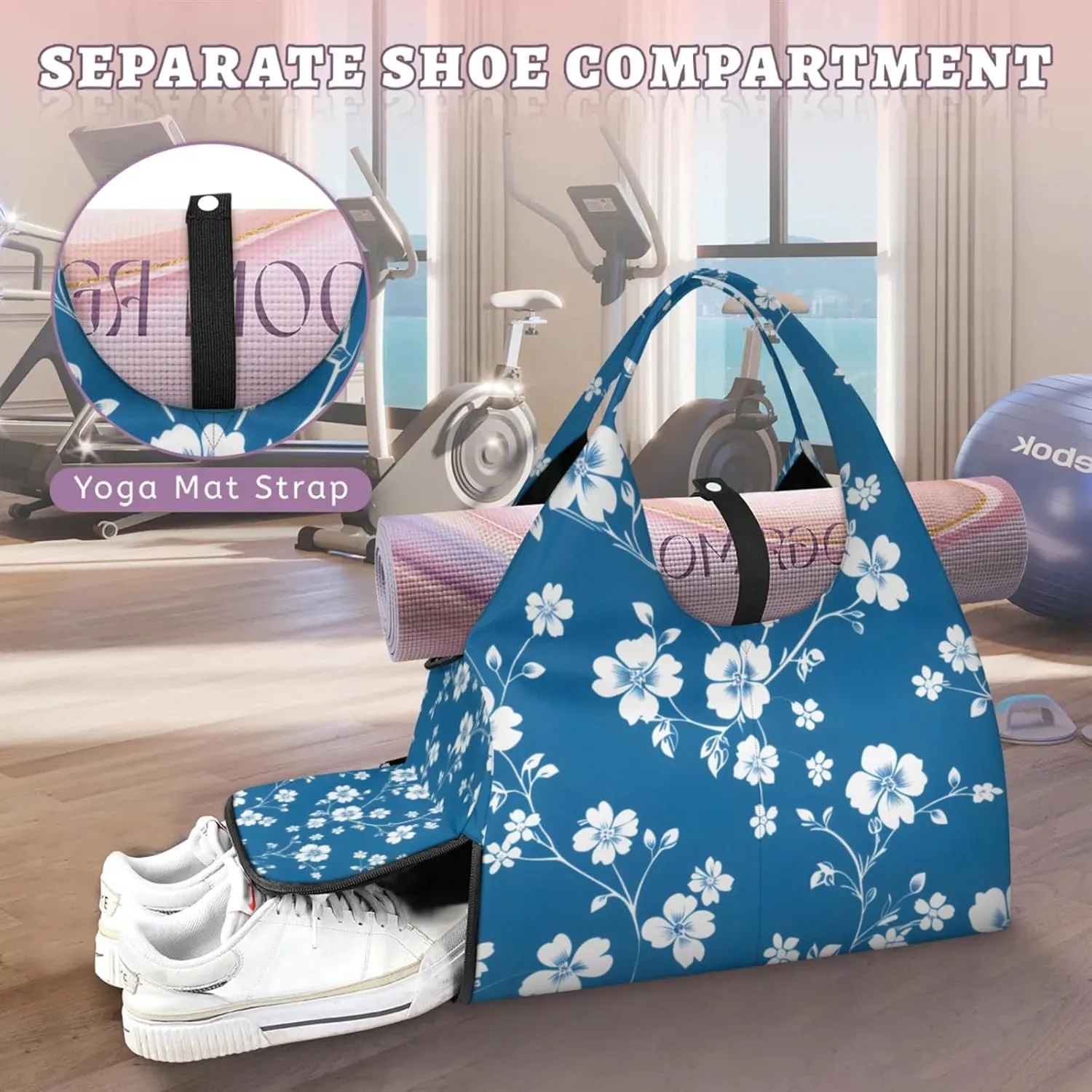 Gym Bag for Women Flower Floral Print Duffel Bag with Shoe Compartment and Yoga Mat Holder Portable Weekender Bags Travel Tote Bags