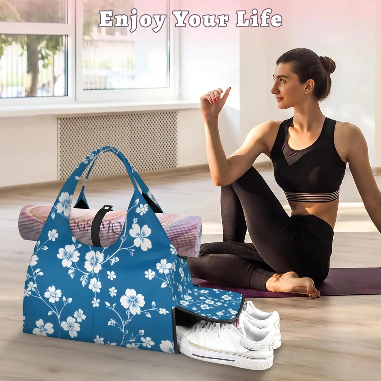 Gym Bag for Women Flower Floral Print Duffel Bag with Shoe Compartment and Yoga Mat Holder Portable Weekender Bags Travel Tote Bags