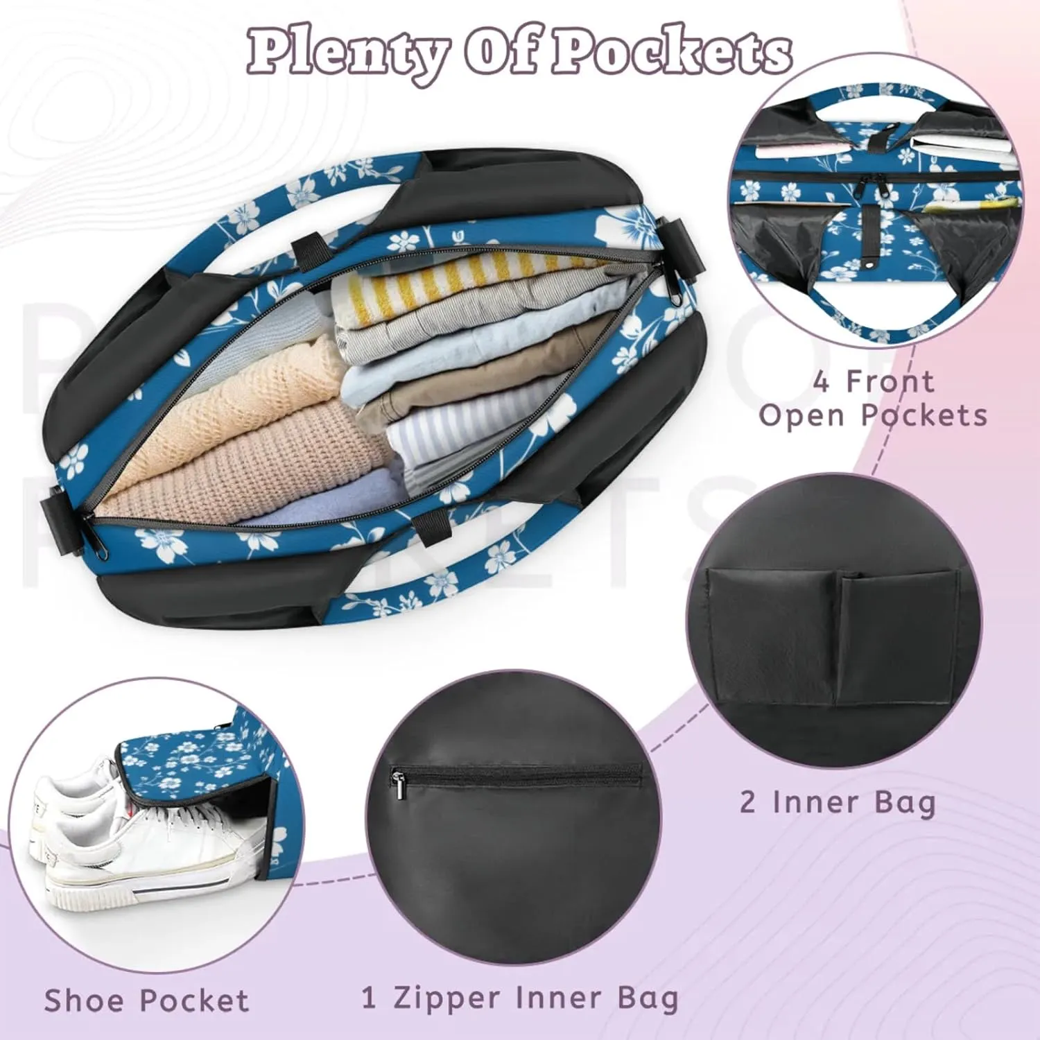 Gym Bag for Women Flower Floral Print Duffel Bag with Shoe Compartment and Yoga Mat Holder Portable Weekender Bags Travel Tote Bags