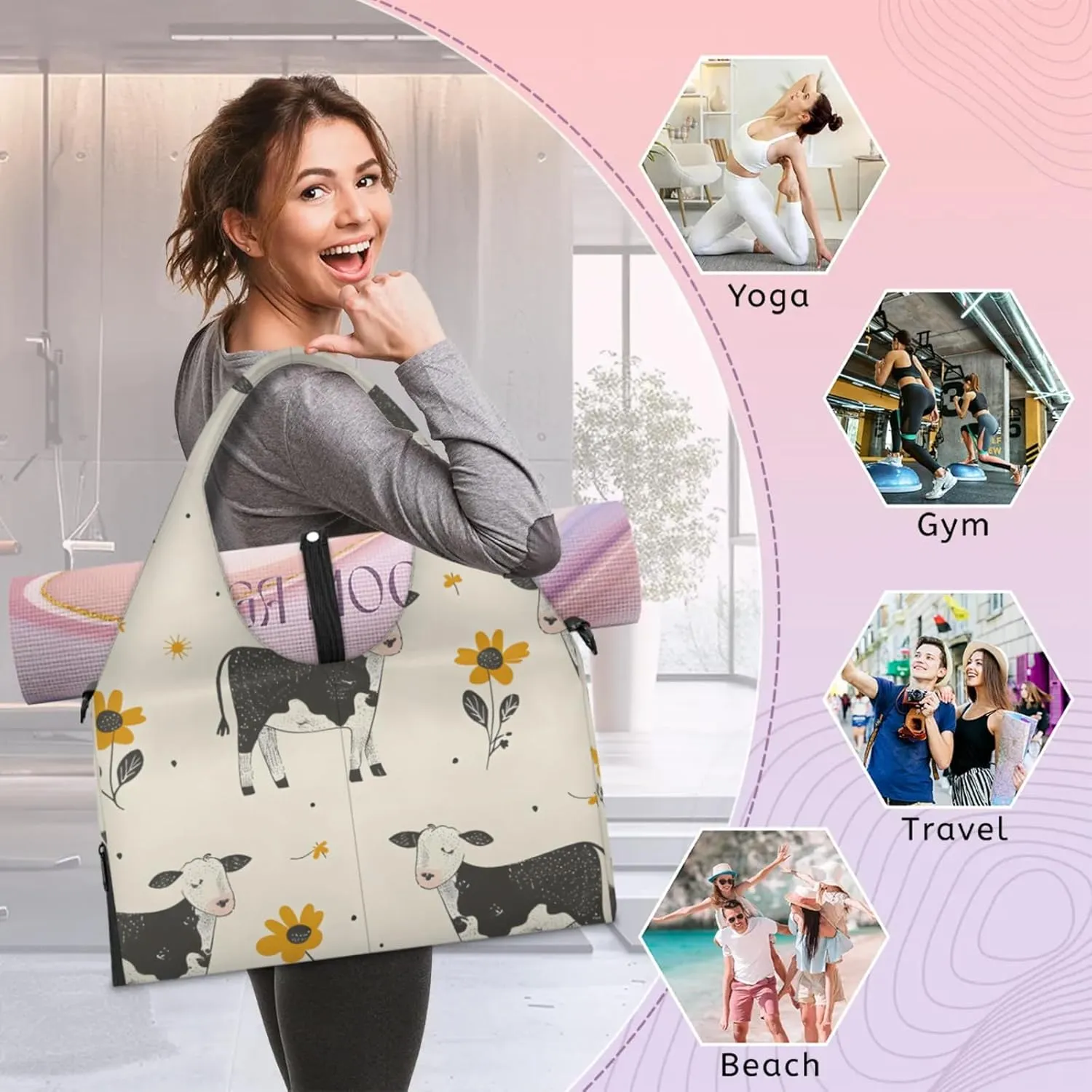 Gym Bag for Women Flowers Cows Duffel Bag with Shoe Compartment and Yoga Mat Holder Portable Weekender Bags Travel Tote Bags