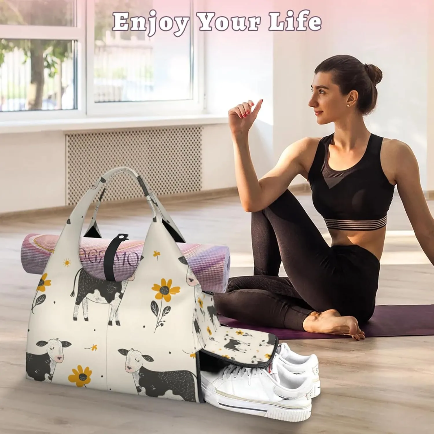 Gym Bag for Women Flowers Cows Duffel Bag with Shoe Compartment and Yoga Mat Holder Portable Weekender Bags Travel Tote Bags