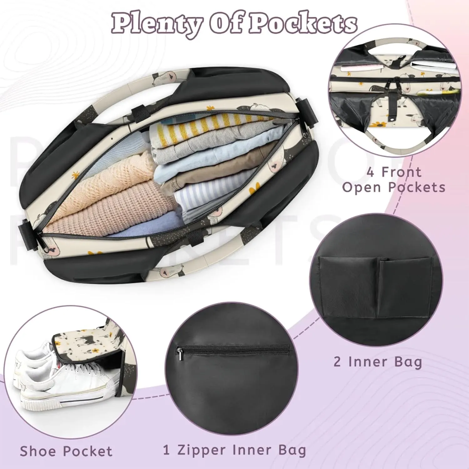 Gym Bag for Women Flowers Cows Duffel Bag with Shoe Compartment and Yoga Mat Holder Portable Weekender Bags Travel Tote Bags