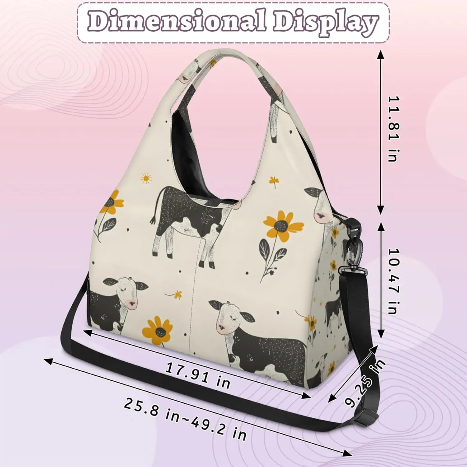 Gym Bag for Women Flowers Cows Duffel Bag with Shoe Compartment and Yoga Mat Holder Portable Weekender Bags Travel Tote Bags