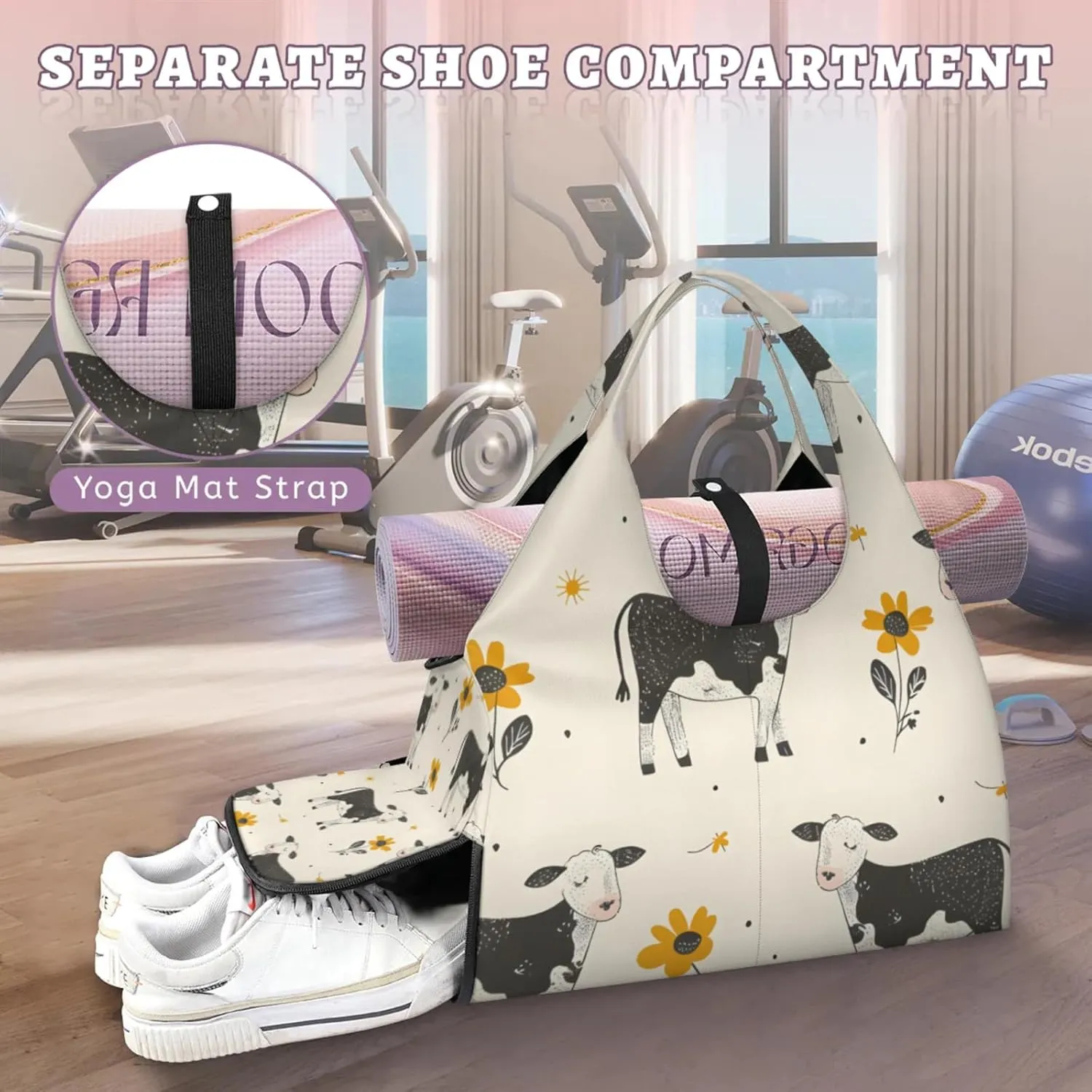 Gym Bag for Women Flowers Cows Duffel Bag with Shoe Compartment and Yoga Mat Holder Portable Weekender Bags Travel Tote Bags