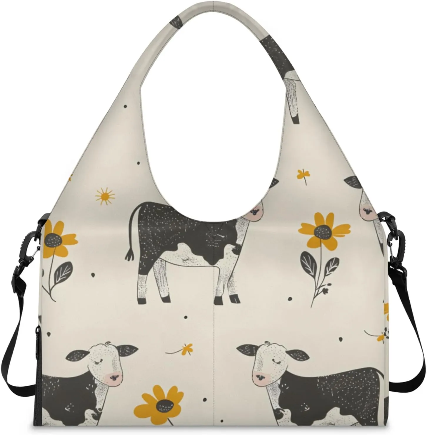 Gym Bag for Women Flowers Cows Duffel Bag with Shoe Compartment and Yoga Mat Holder Portable Weekender Bags Travel Tote Bags