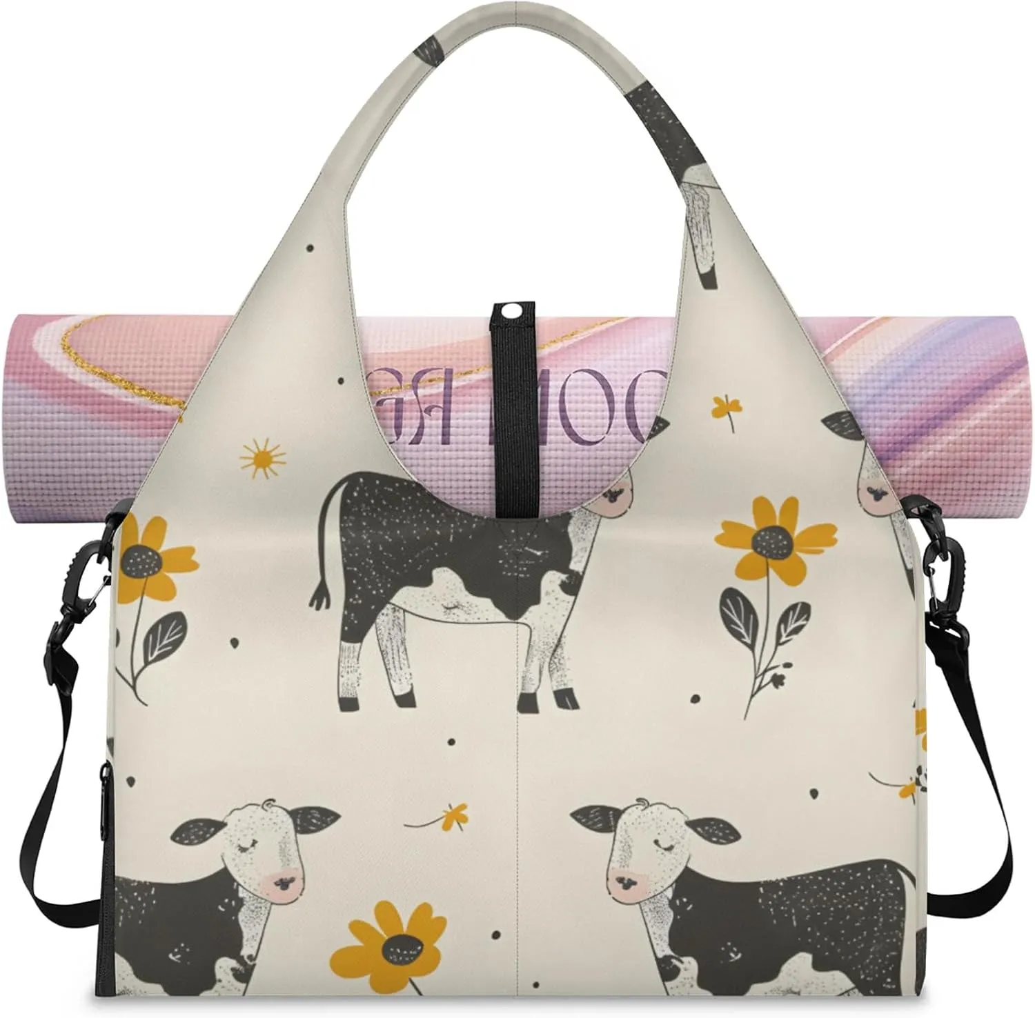 Gym Bag for Women Flowers Cows Duffel Bag with Shoe Compartment and Yoga Mat Holder Portable Weekender Bags Travel Tote Bags