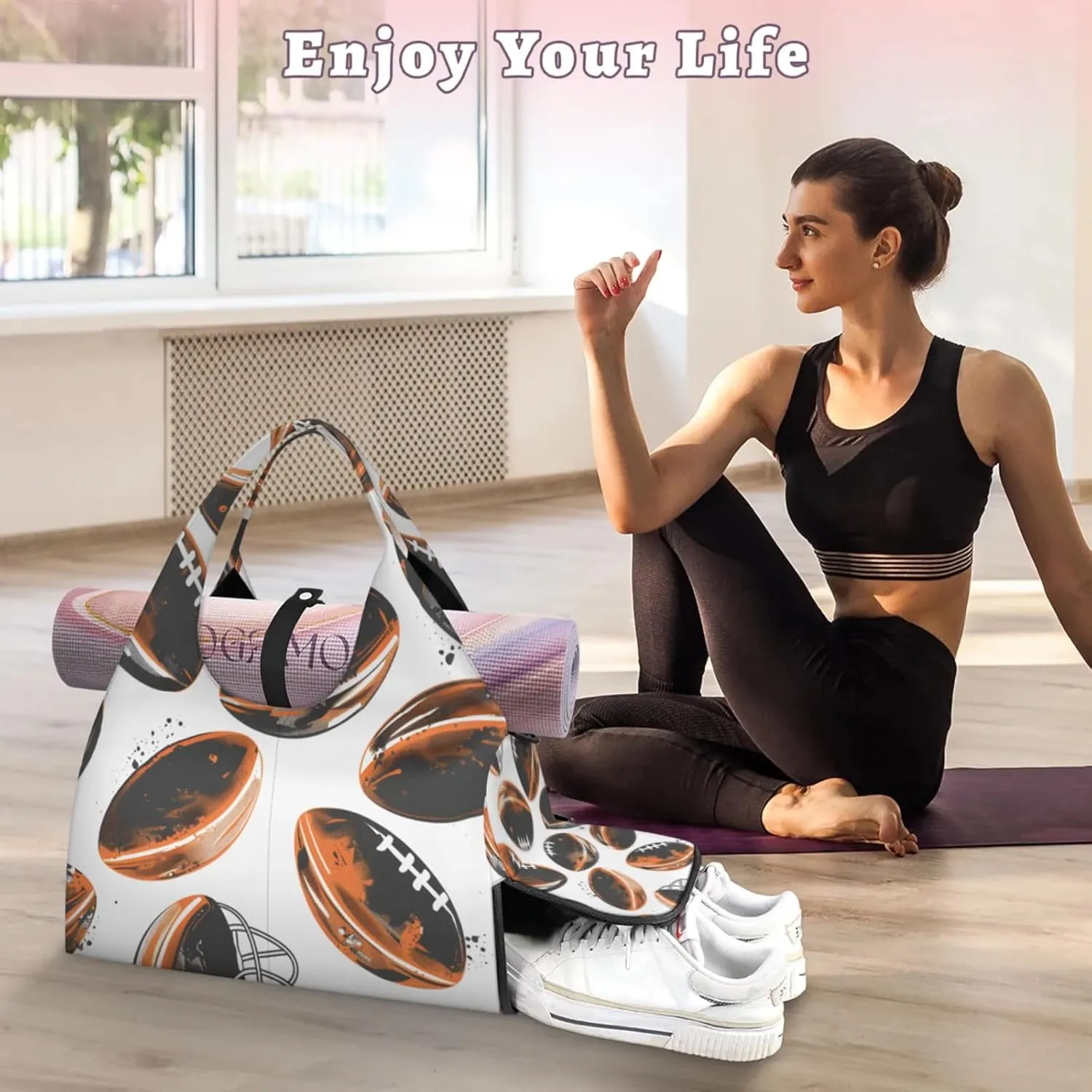 Gym Bag for Women Footballs Themed Duffel Bag with Shoe Compartment and Yoga Mat Holder Portable Weekender Bags Travel Tote Bags