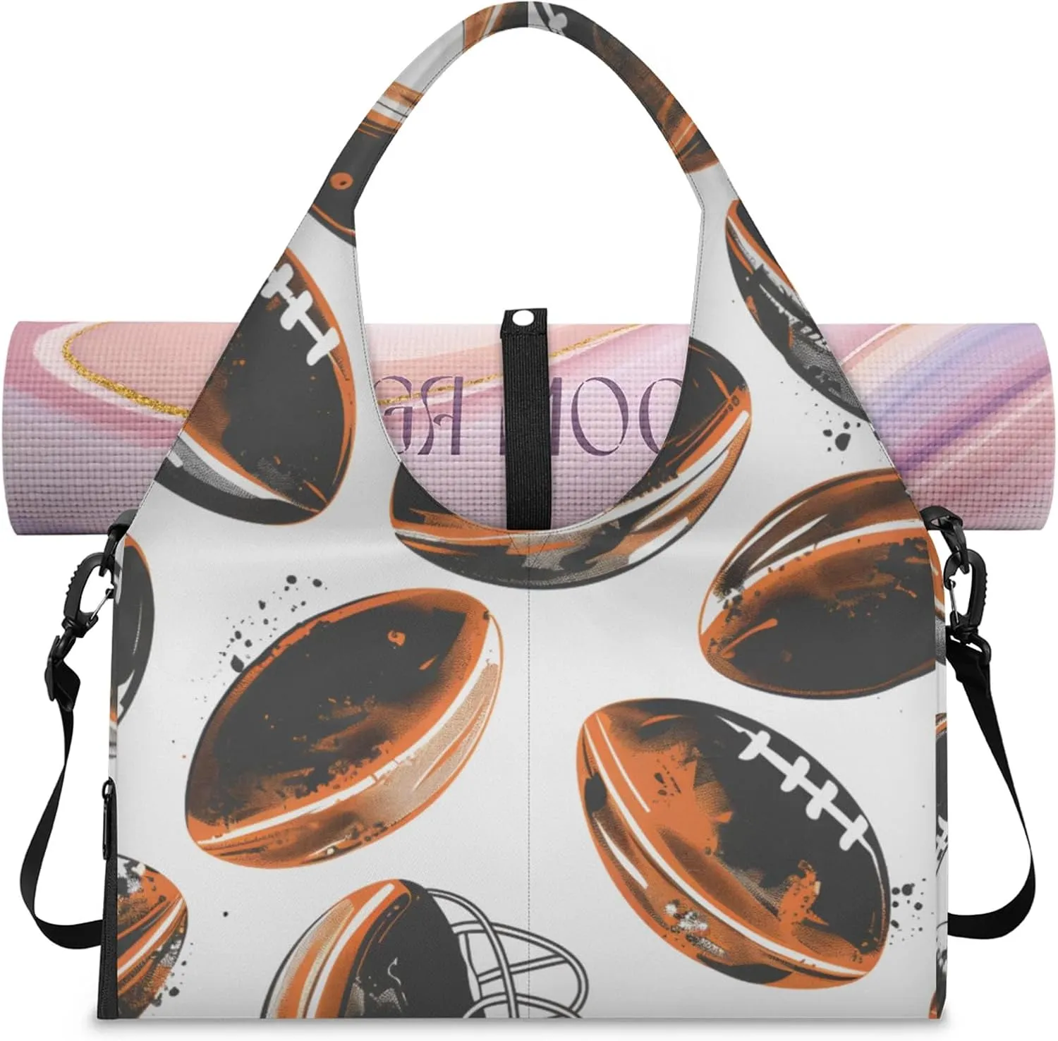 Gym Bag for Women Footballs Themed Duffel Bag with Shoe Compartment and Yoga Mat Holder Portable Weekender Bags Travel Tote Bags