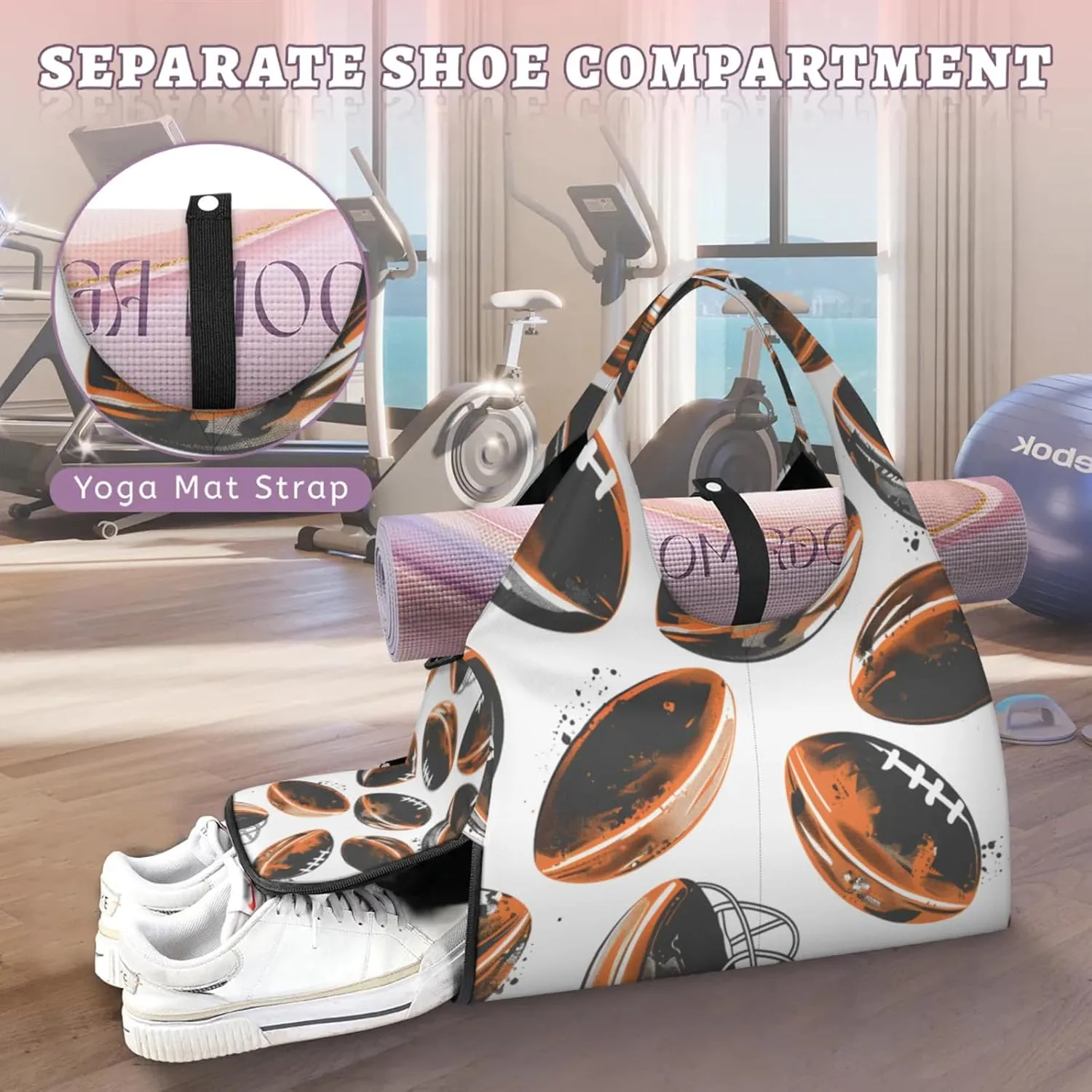Gym Bag for Women Footballs Themed Duffel Bag with Shoe Compartment and Yoga Mat Holder Portable Weekender Bags Travel Tote Bags