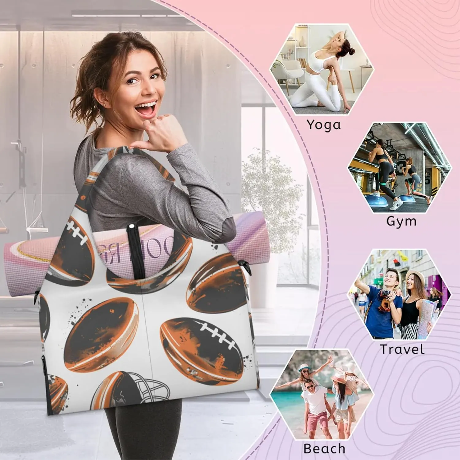 Gym Bag for Women Footballs Themed Duffel Bag with Shoe Compartment and Yoga Mat Holder Portable Weekender Bags Travel Tote Bags