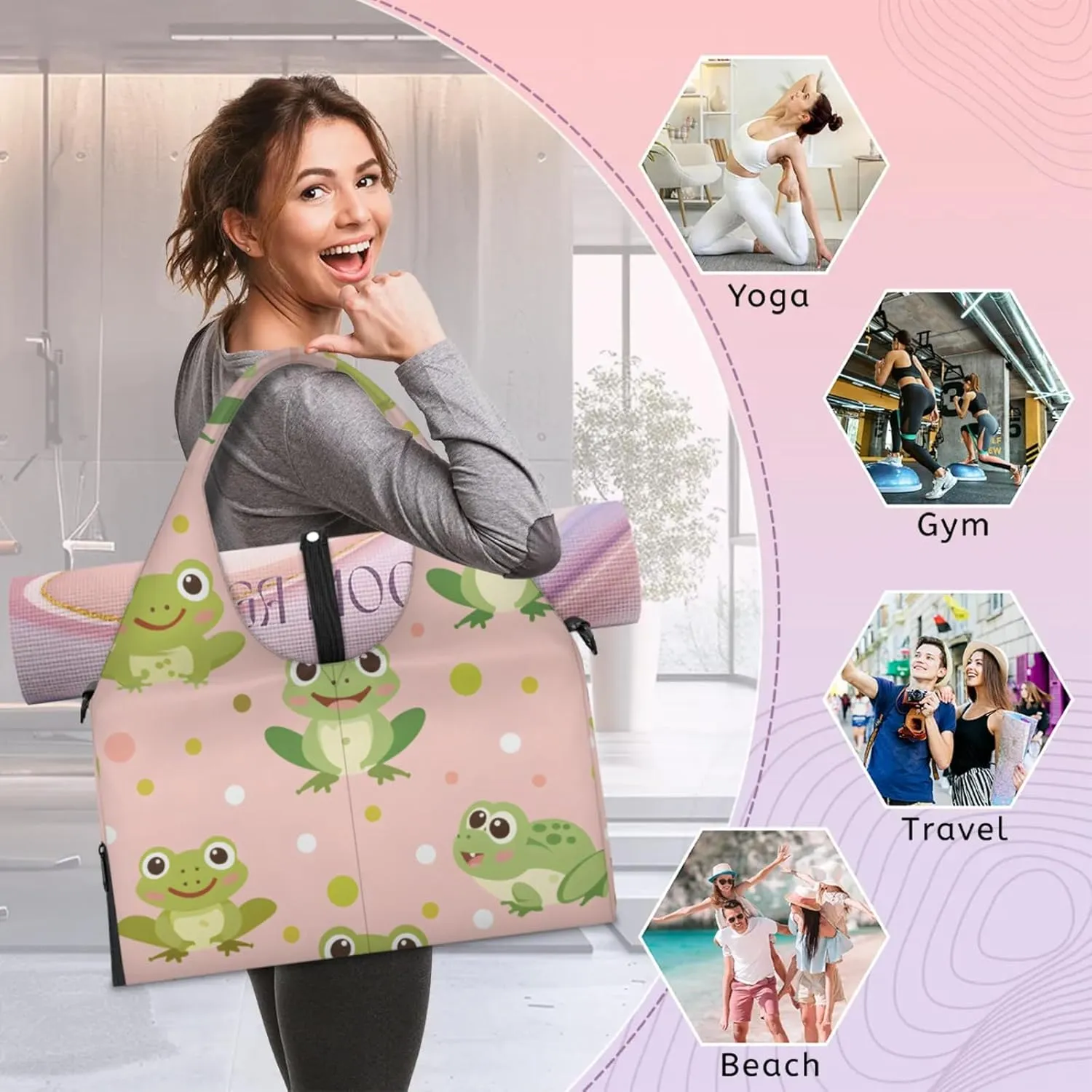 Gym Bag for Women Frogs Duffel Bag with Shoe Compartment and Yoga Mat Holder Portable Weekender Bags Travel Tote Bags